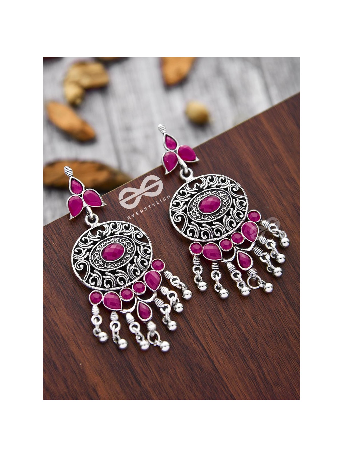 The Playful Elegance - Embellished Oxidised Earrings (Ruby Red)