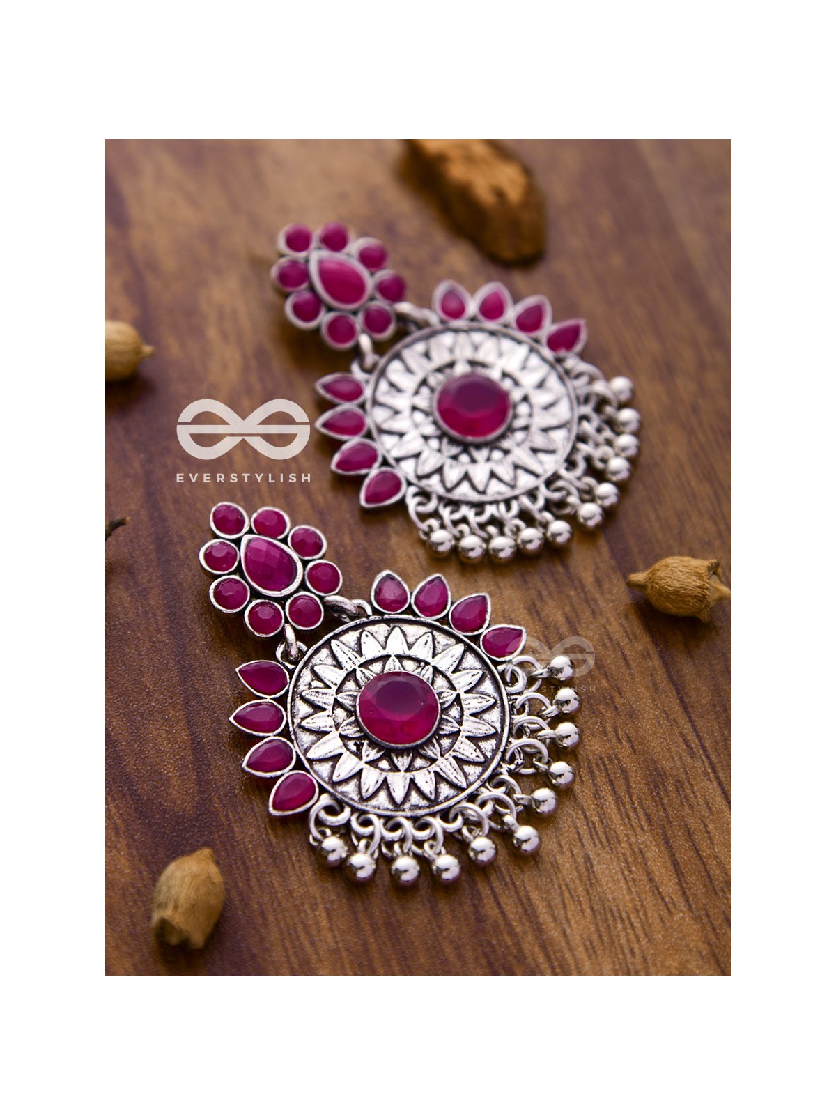 The Woman of Wonder - Embellished Oxidised Earrings (Ruby Red)