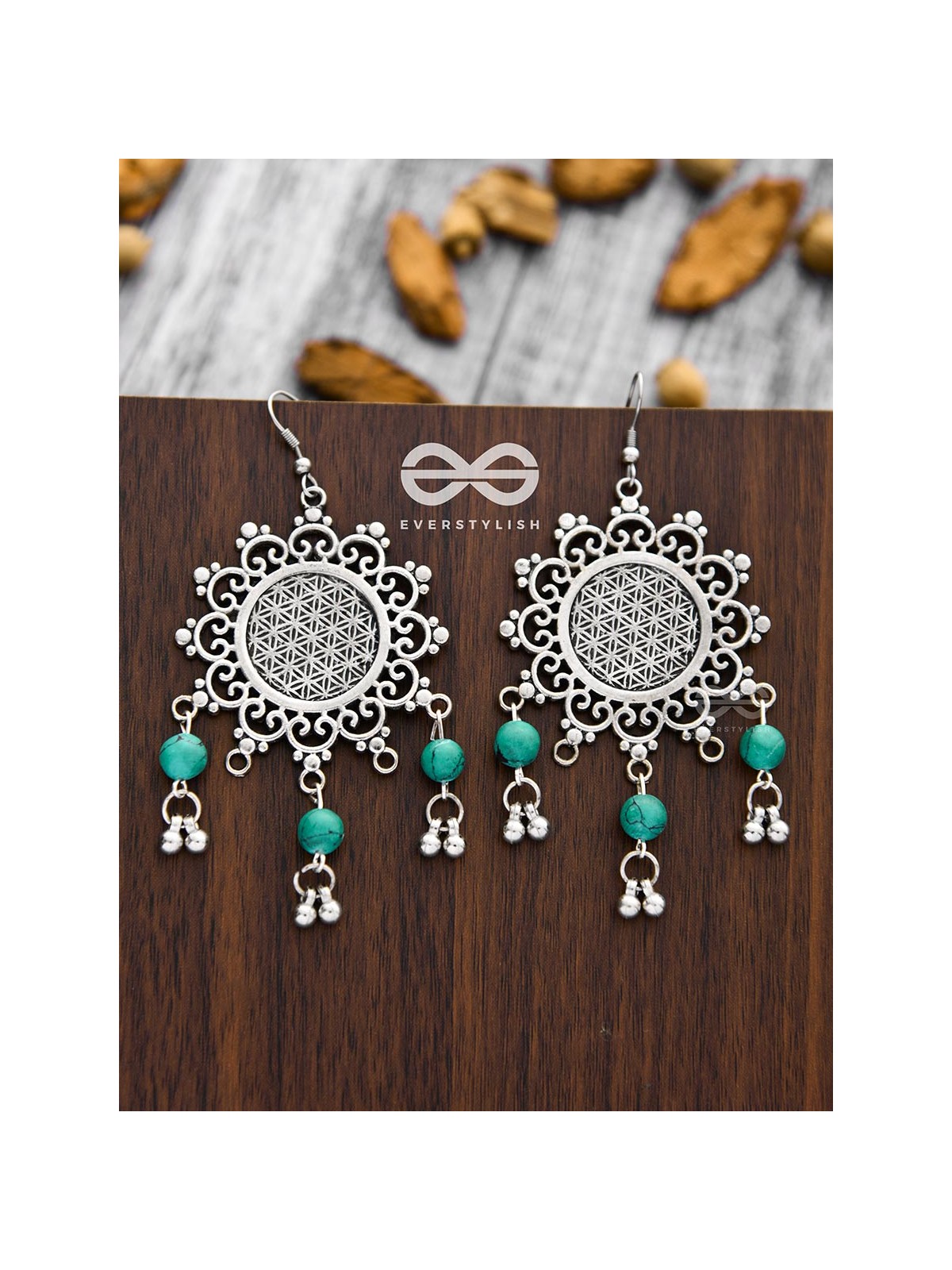 The Turquoise Meshed Sun - Oxidised Boho Earrings