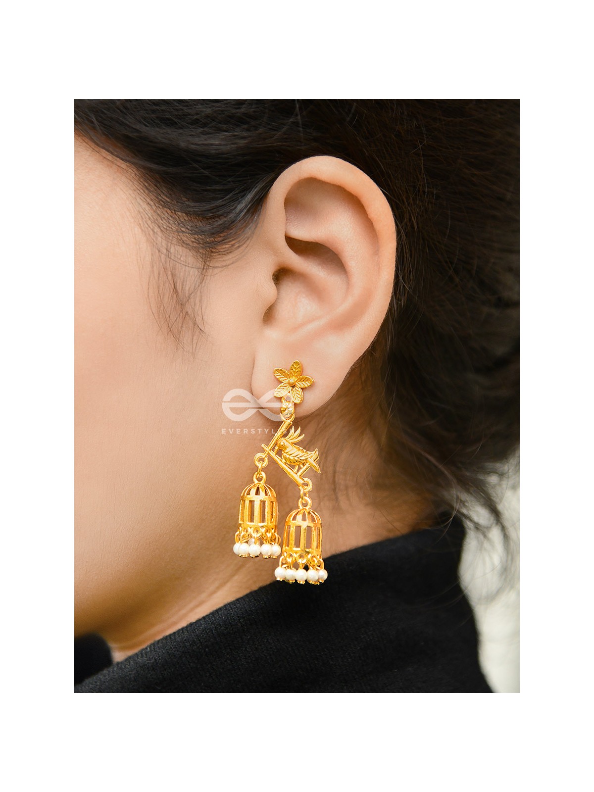 The Uncaged bird Artwork Jhumkas (Golden)