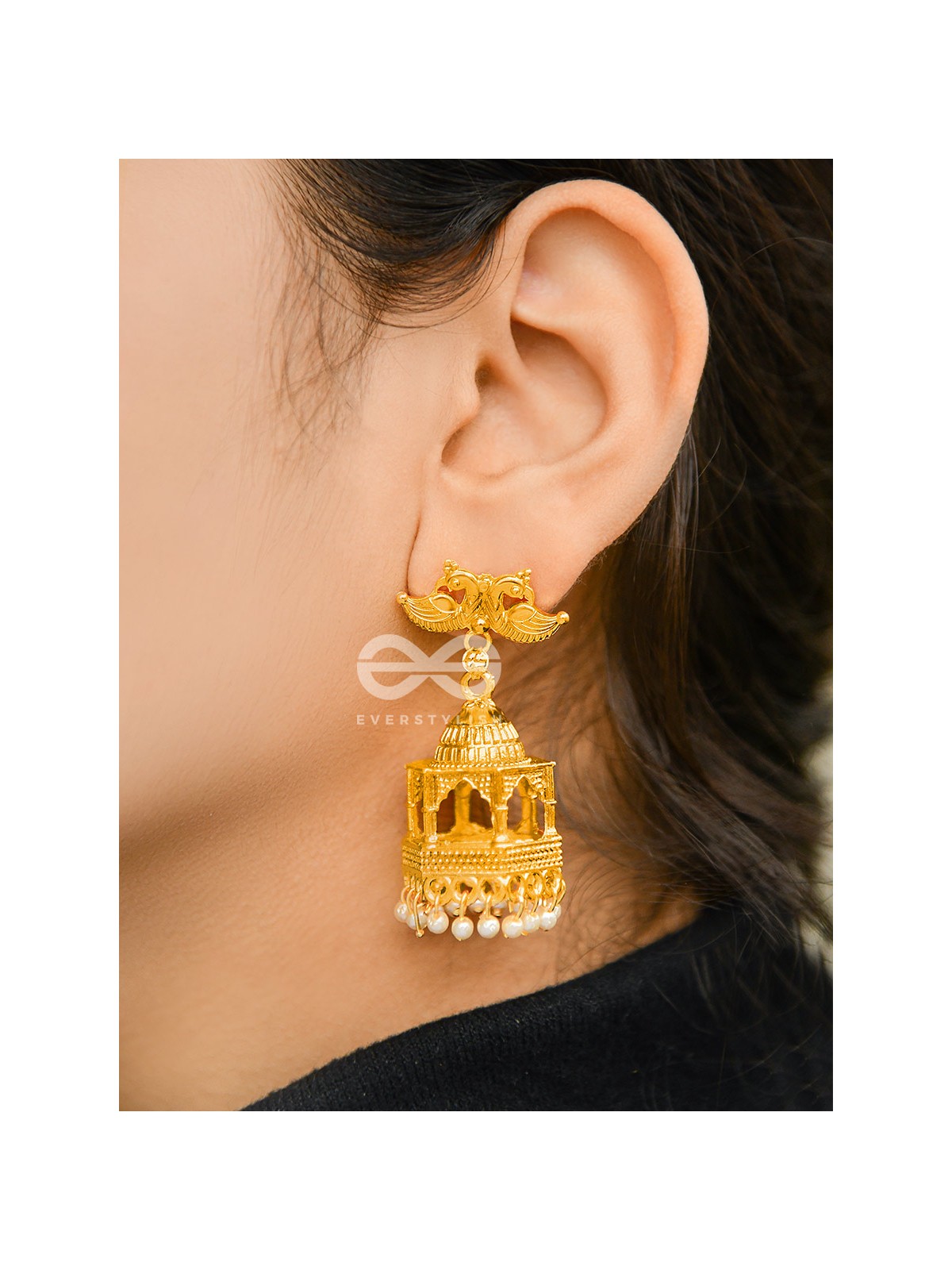 The Birds on a temple Artwork Jhumkas (Golden)