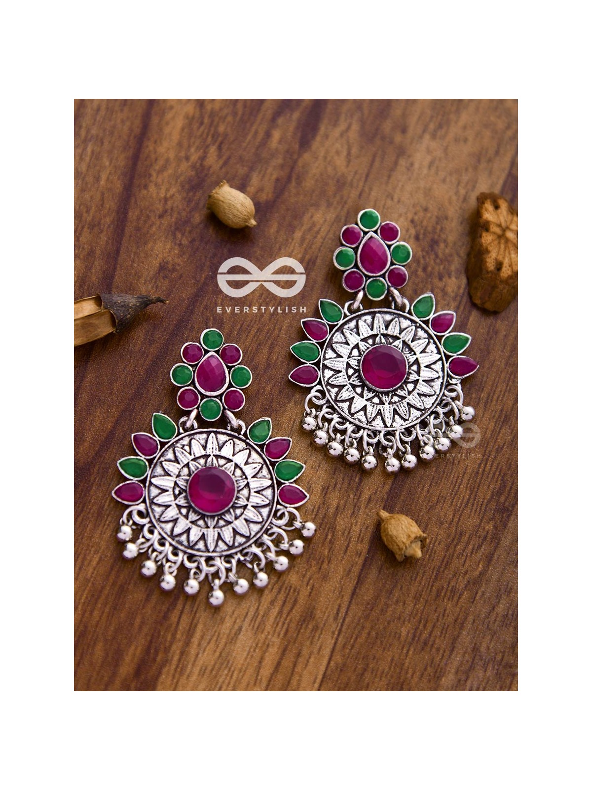 The Woman of Wonder - Embellished Oxidised Earrings (Ruby Emerald)