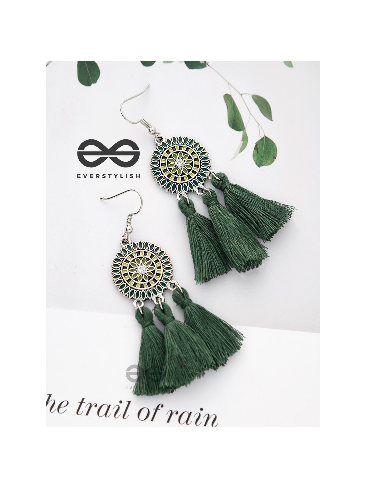 Vibrant motifs Dreamcatcher Tassel Earrings- Sea Green
