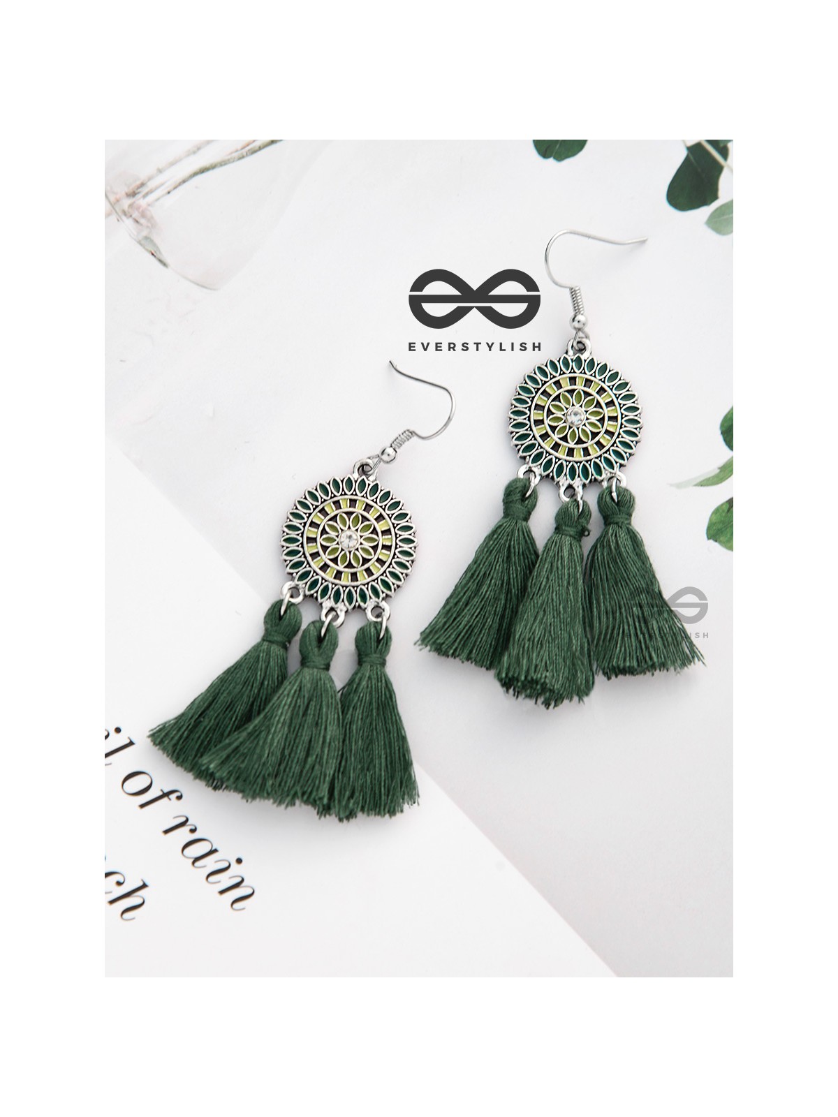 Vibrant motifs Dreamcatcher Tassel Earrings- Sea Green