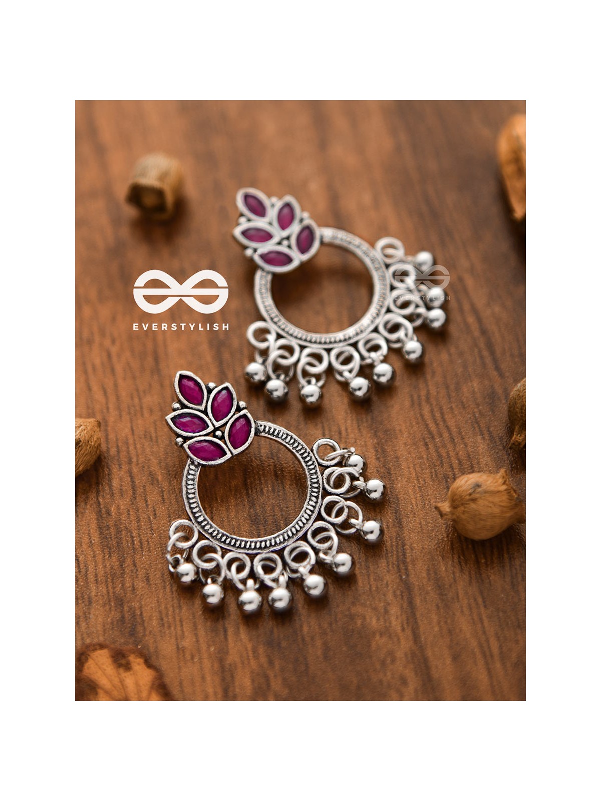 A touch of Bohemian Elegance (Ruby Red) - Embellished Oxidised Earrings