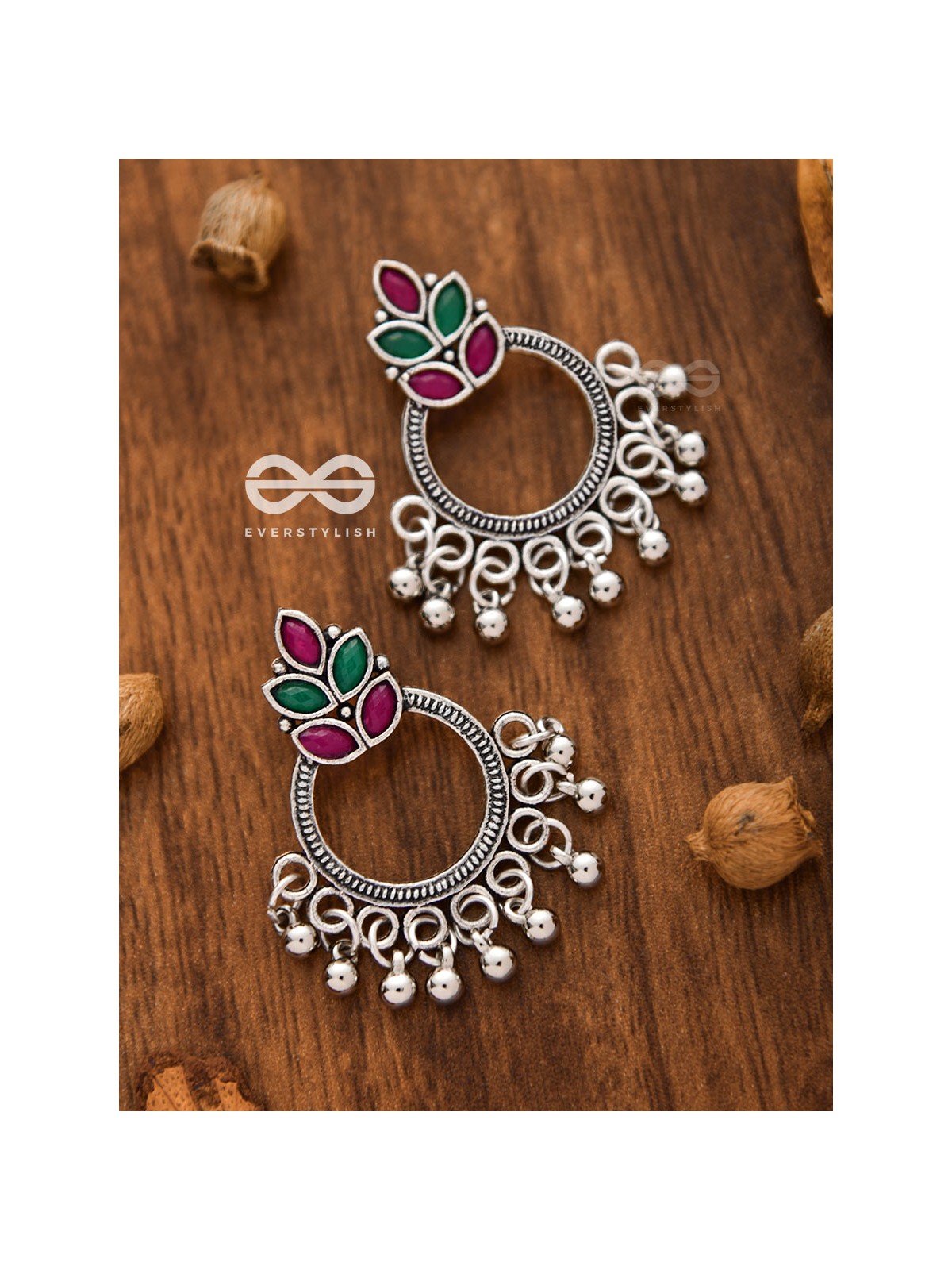 A touch of Bohemian Elegance (Ruby Emerald) - Embellished Oxidised Earrings