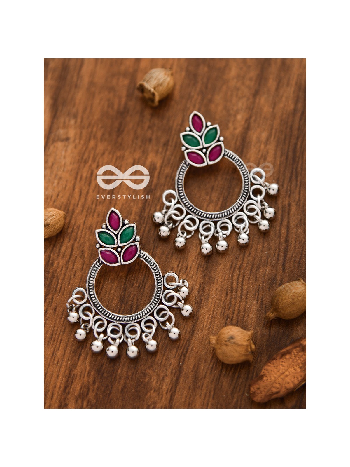 A touch of Bohemian Elegance (Ruby Emerald) - Embellished Oxidised Earrings