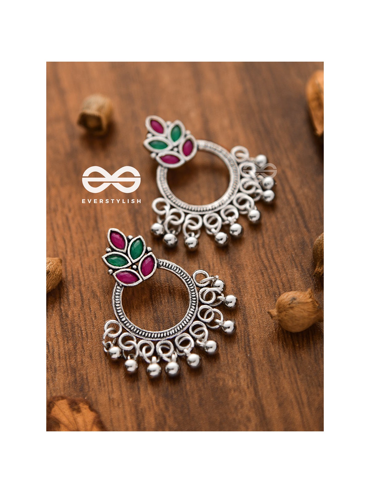 A touch of Bohemian Elegance (Ruby Emerald) - Embellished Oxidised Earrings
