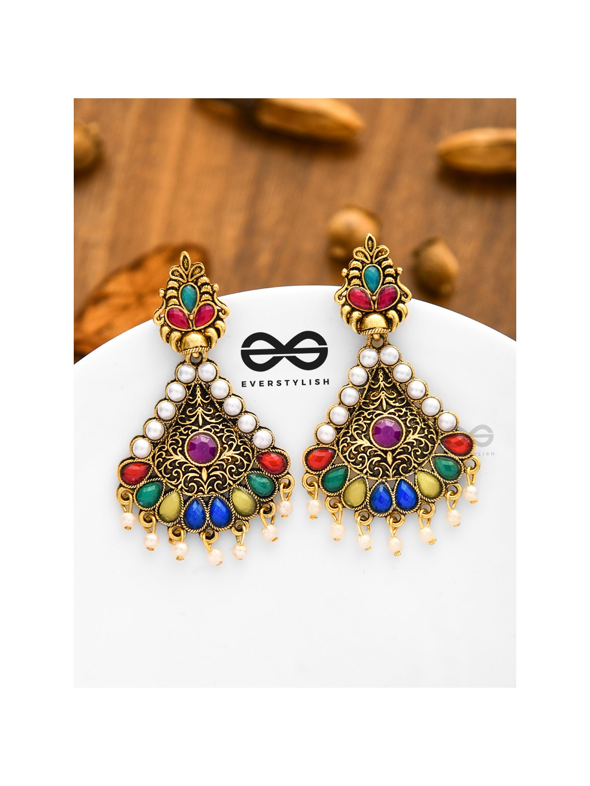 The Embellished Intricate Elegance - Golden Statement Earrings