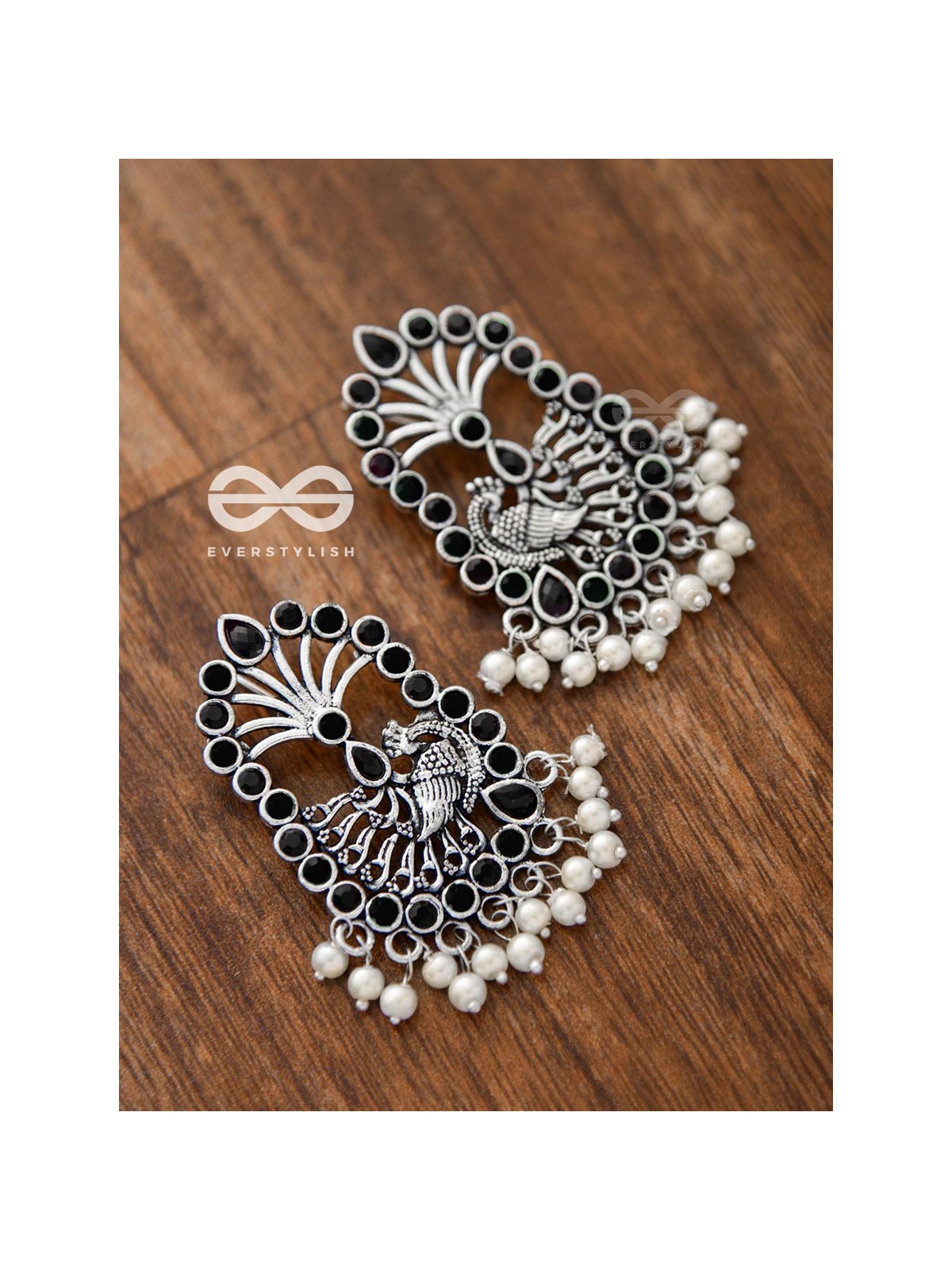 The Delightful Peacock artwork (Onyx Black) - Embellished Oxidised Earrings