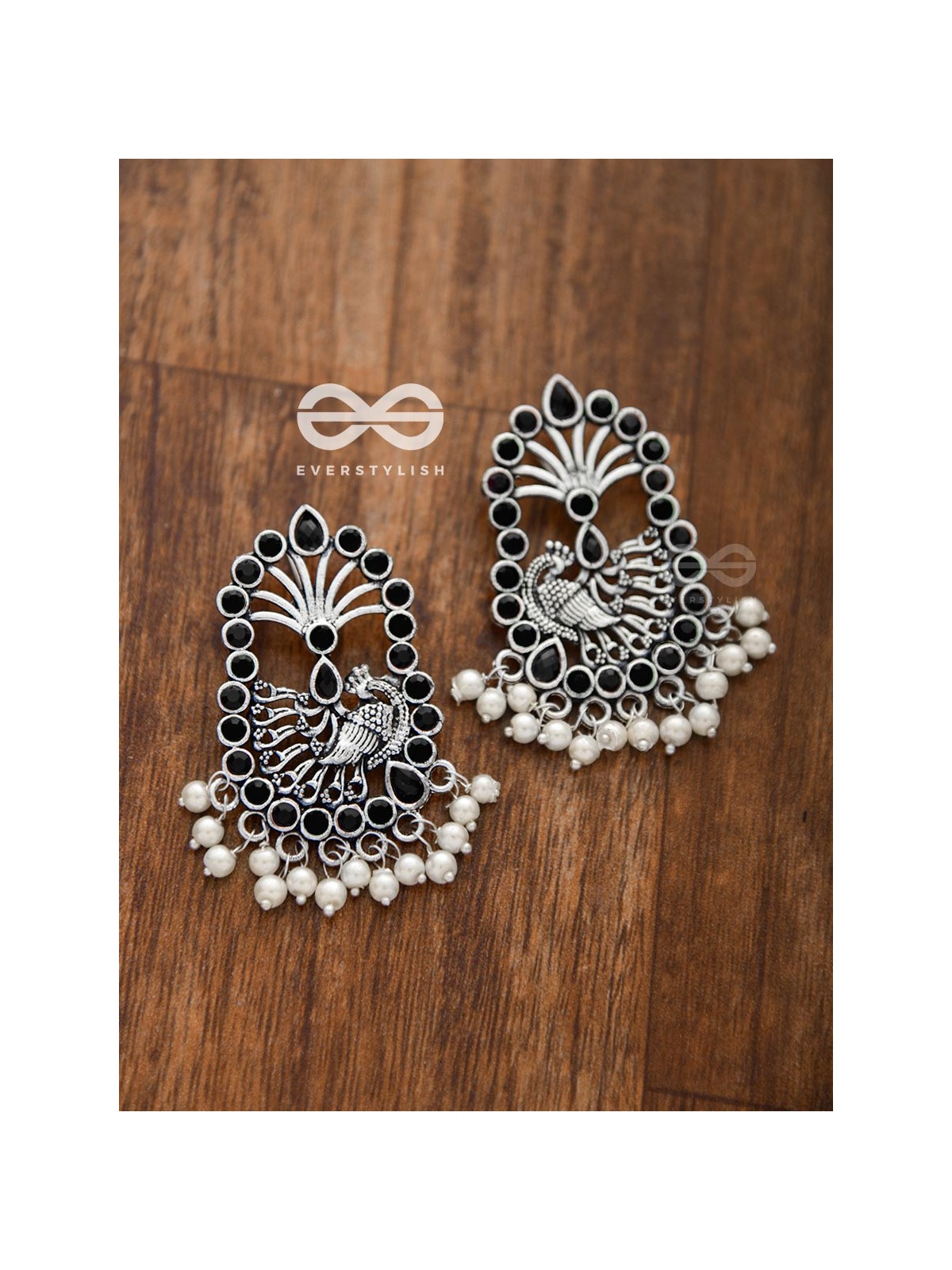 The Delightful Peacock artwork (Onyx Black) - Embellished Oxidised Earrings
