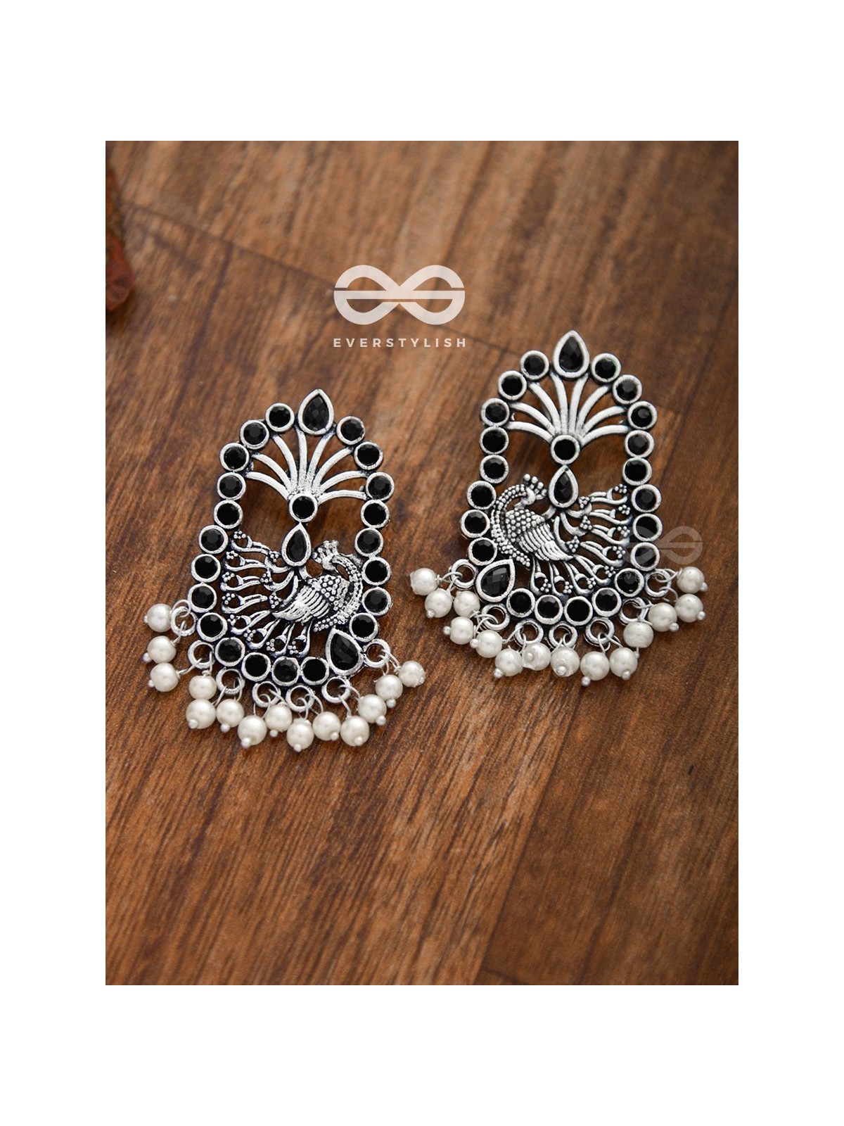 The Delightful Peacock artwork (Onyx Black) - Embellished Oxidised Earrings