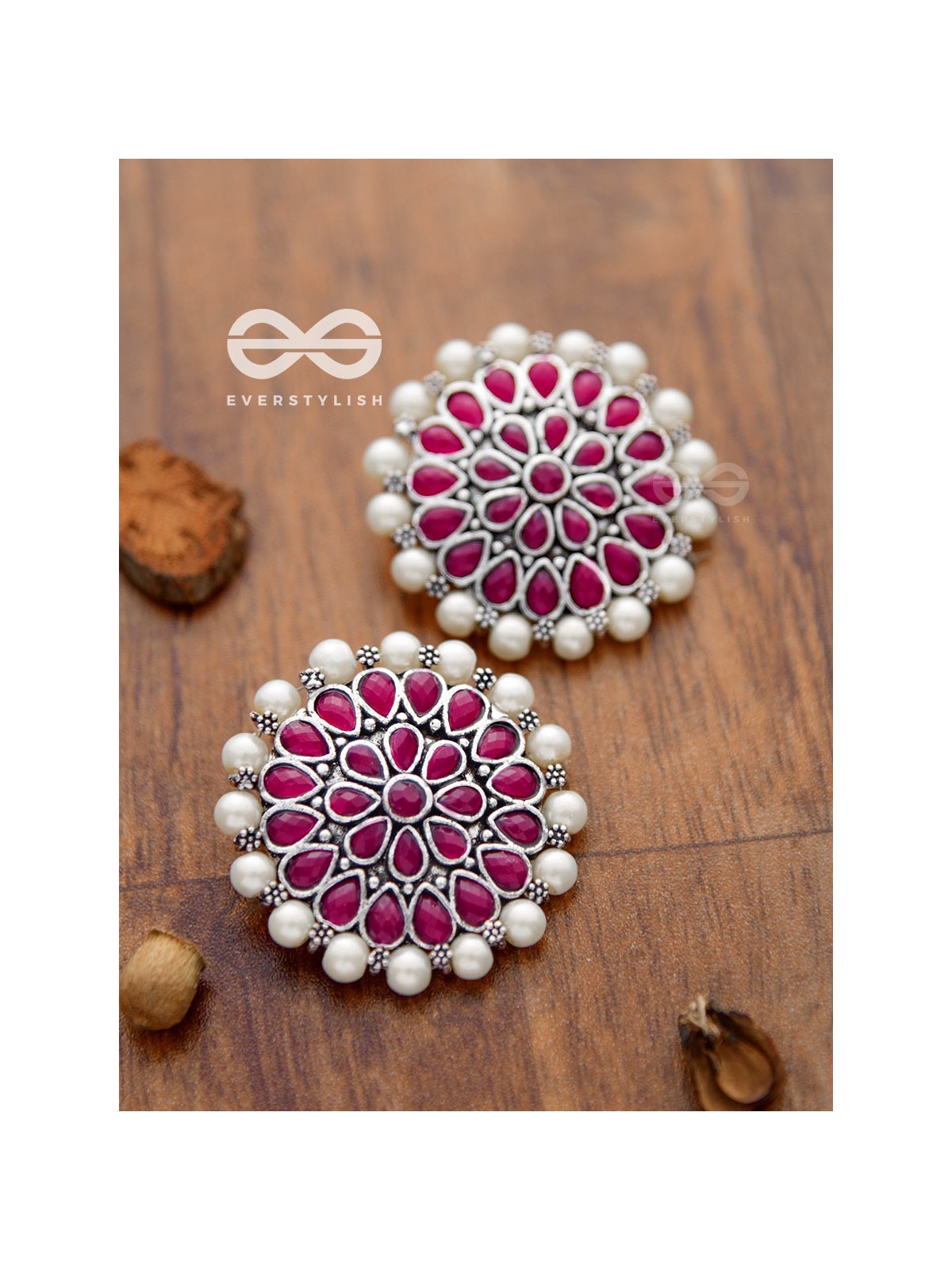 The classy Desire perfect pearl Embellished Statement Studs (Ruby Red)