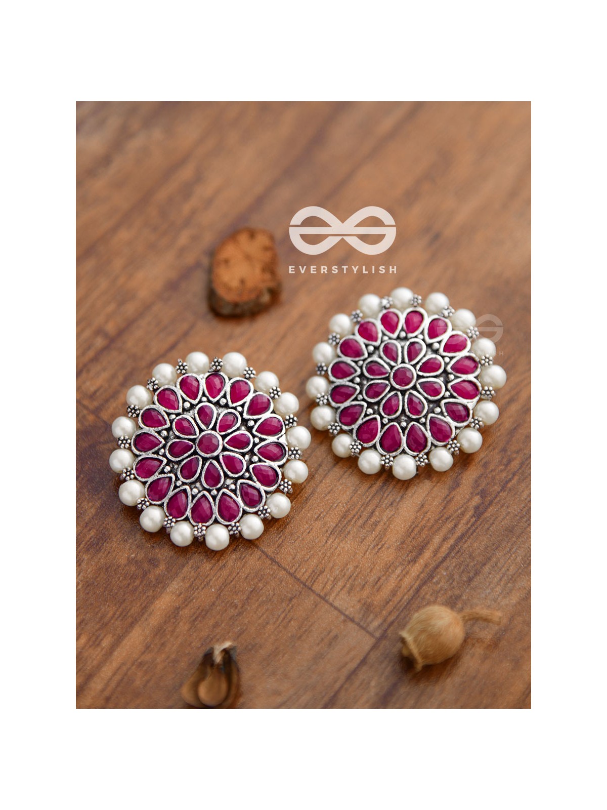 The classy Desire perfect pearl Embellished Statement Studs (Ruby Red)
