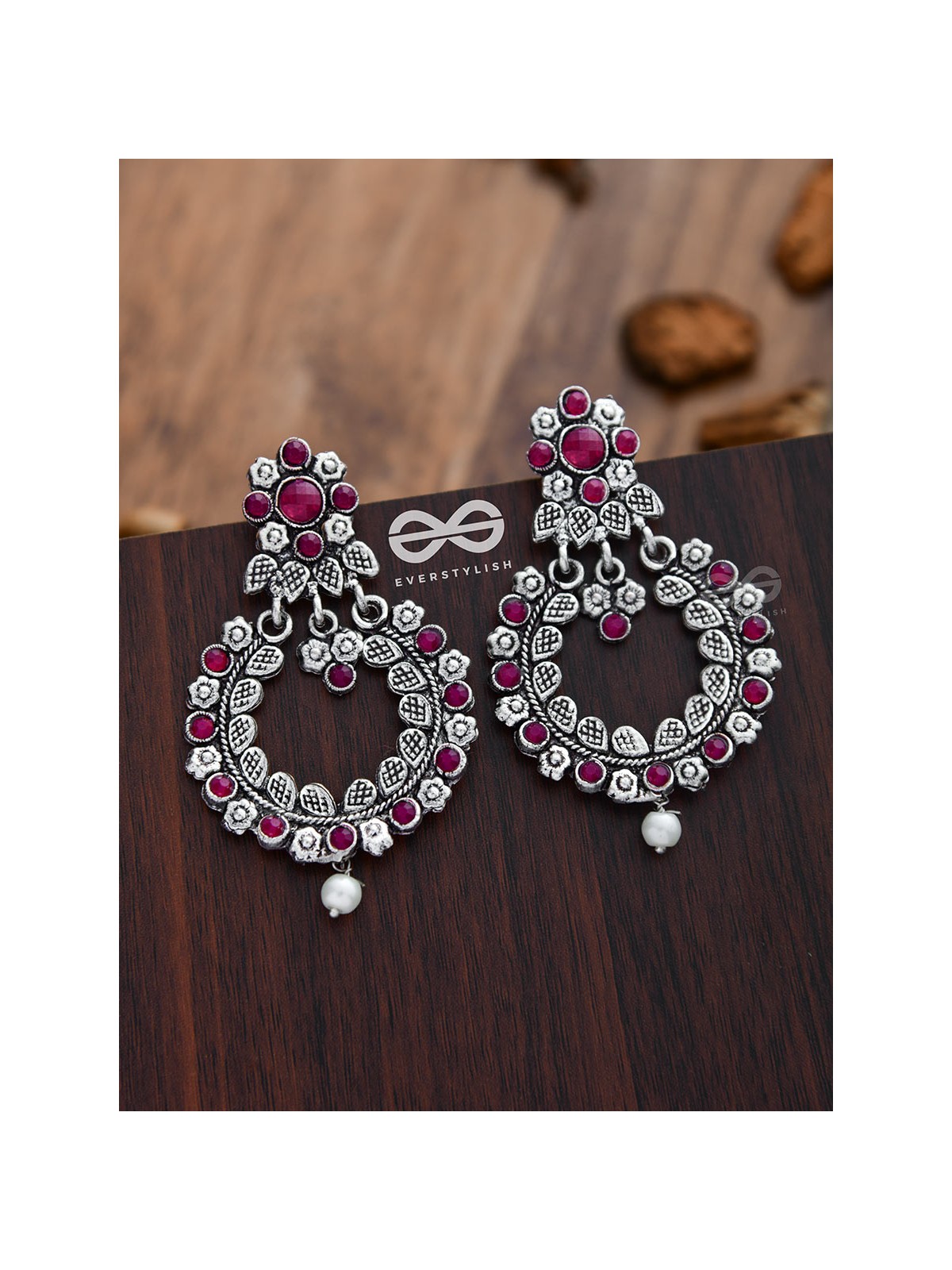 Elegantly ethnic studded chandbali statement earrings (Ruby Red)