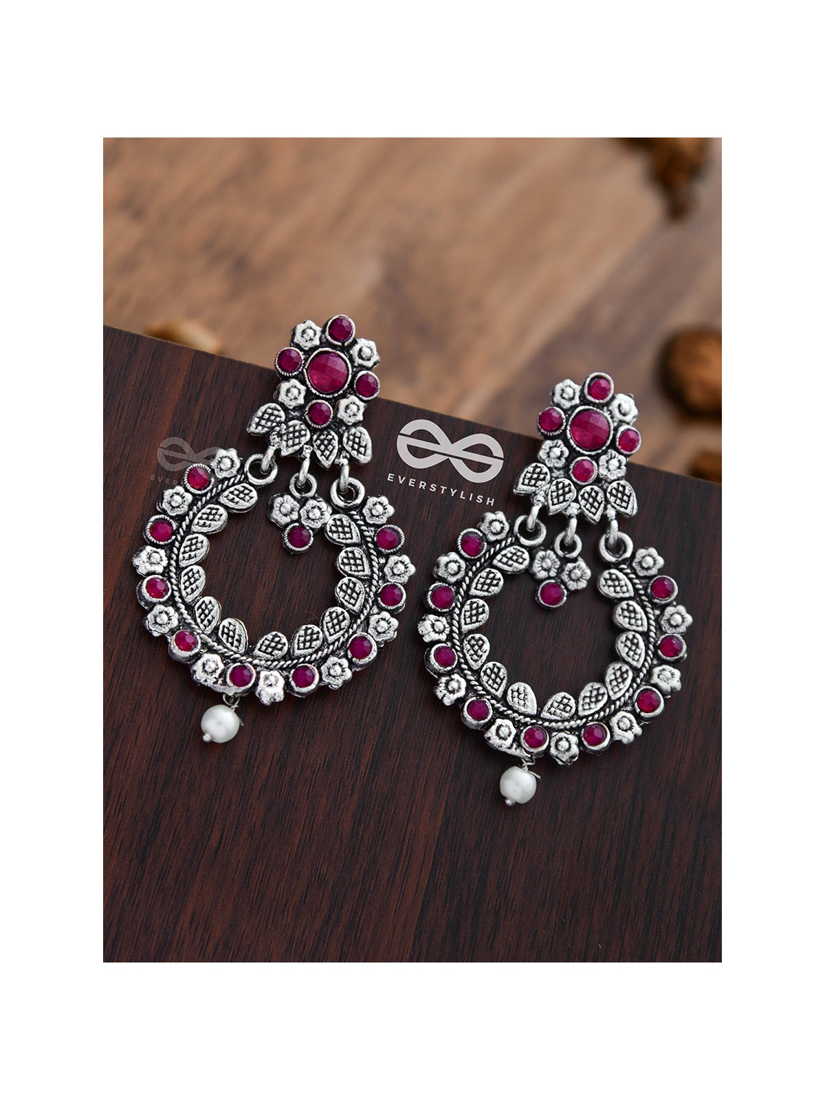 Elegantly ethnic studded chandbali statement earrings (Ruby Red)