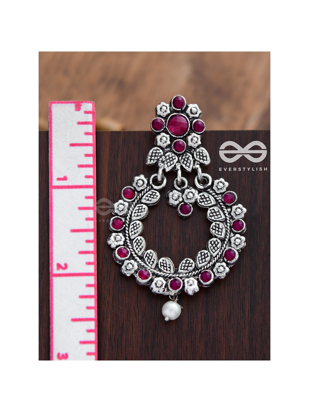 Elegantly ethnic studded chandbali statement earrings (Ruby Red)