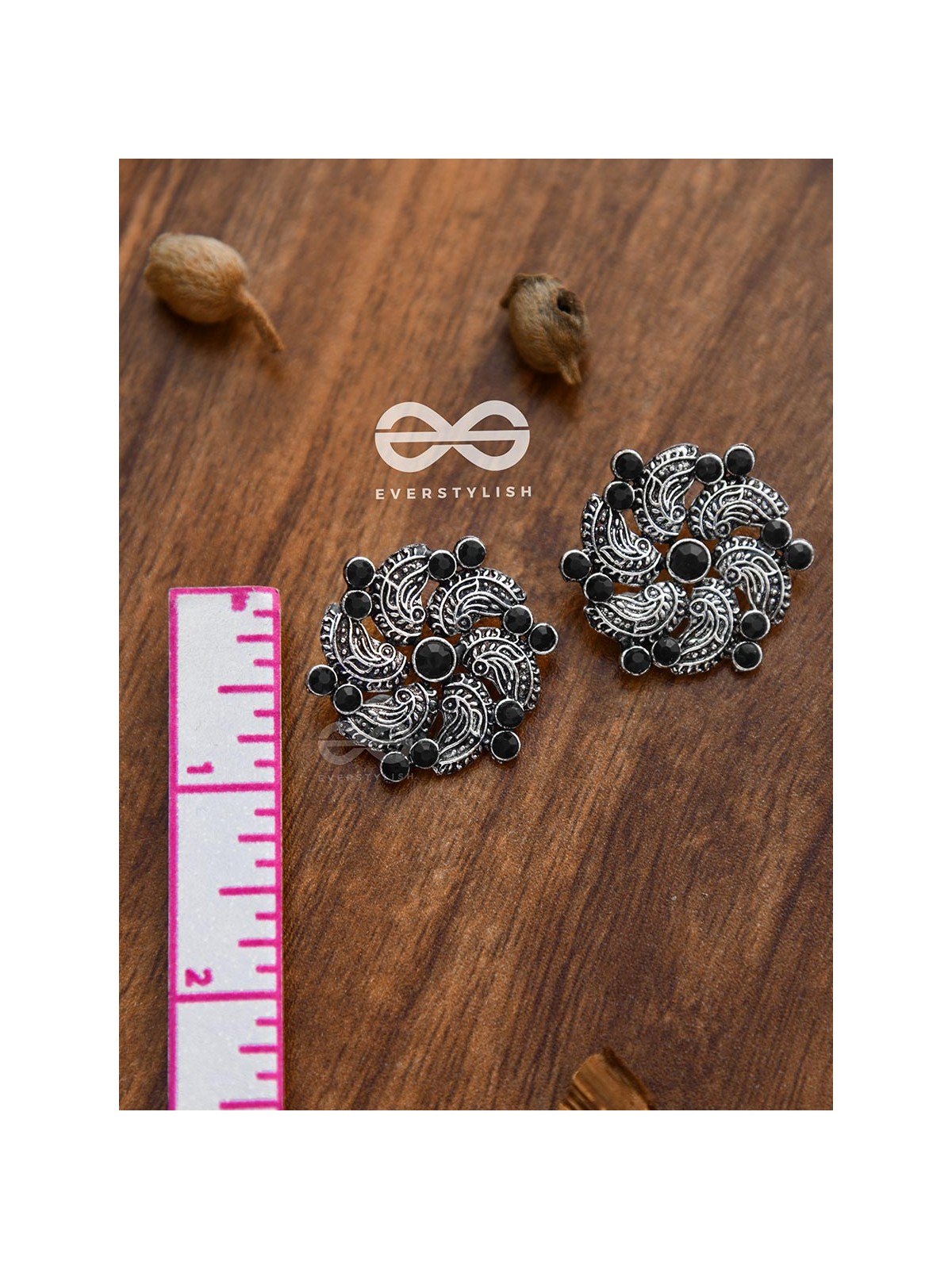 The Whimsical Whirlpools - Embellished Oxidised Studs (Onyx Black)
