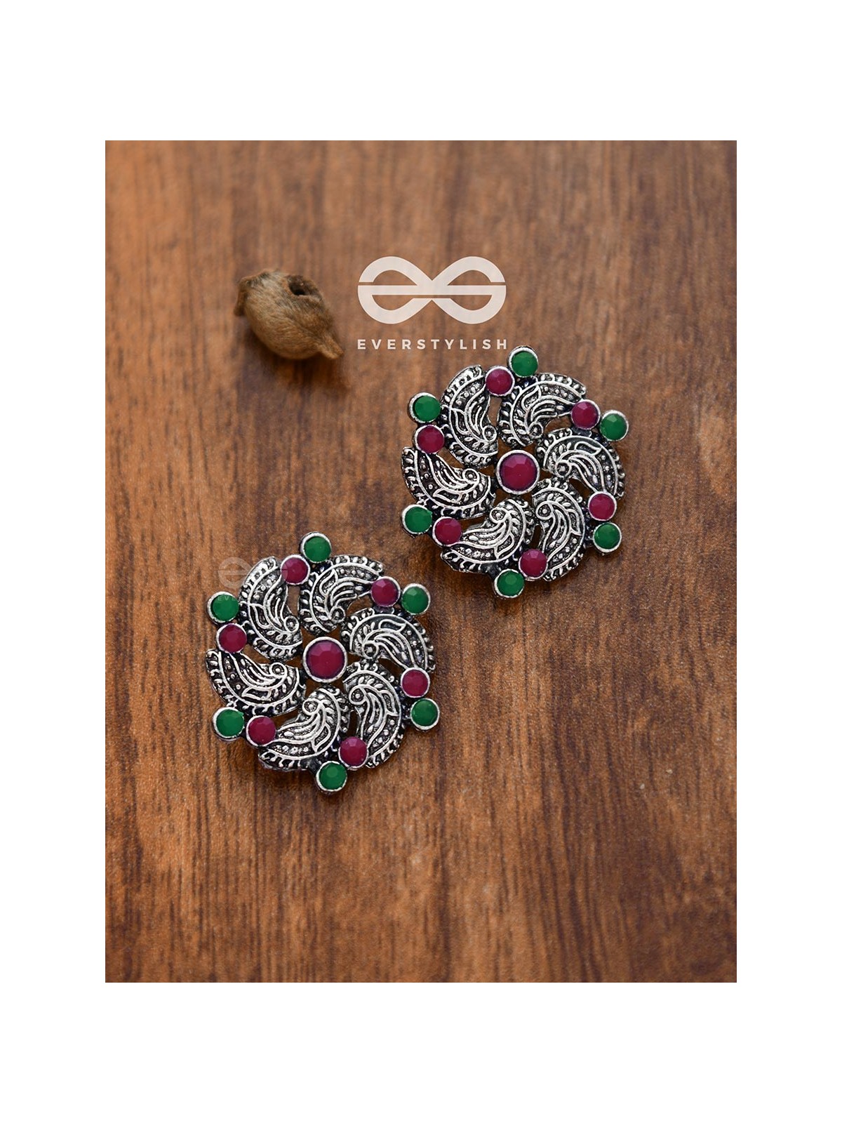 The Whimsical Whirlpools - Embellished Oxidised Studs (Ruby-Emerald)