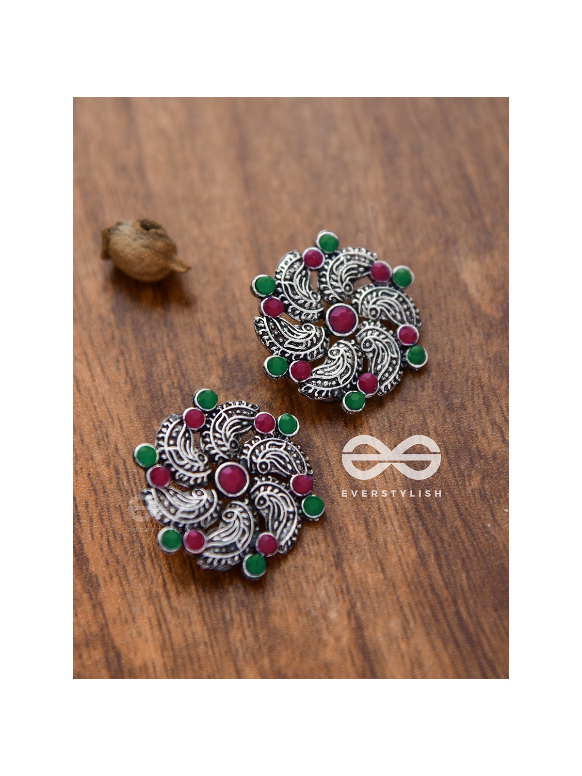 The Whimsical Whirlpools - Embellished Oxidised Studs (Ruby-Emerald)