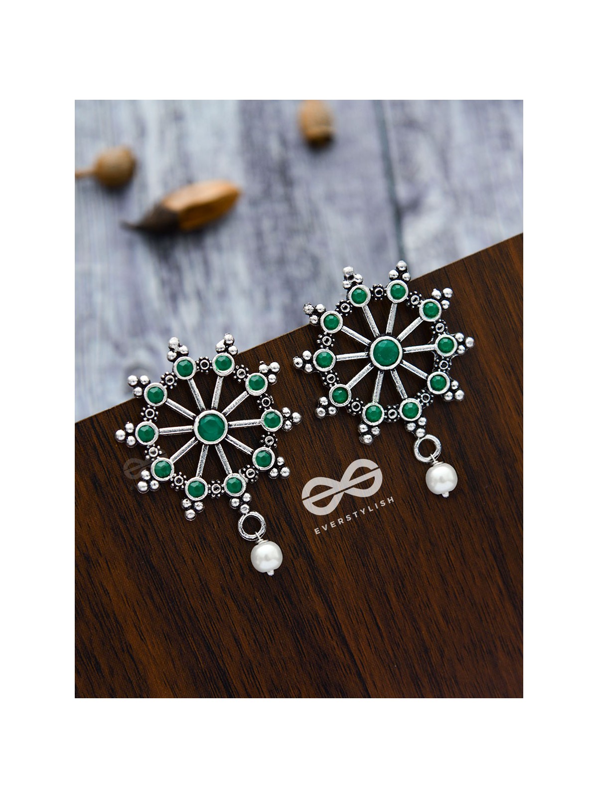 'Steering My Own Ship' - Embellished Oxidised Earrings (Emerald Green)