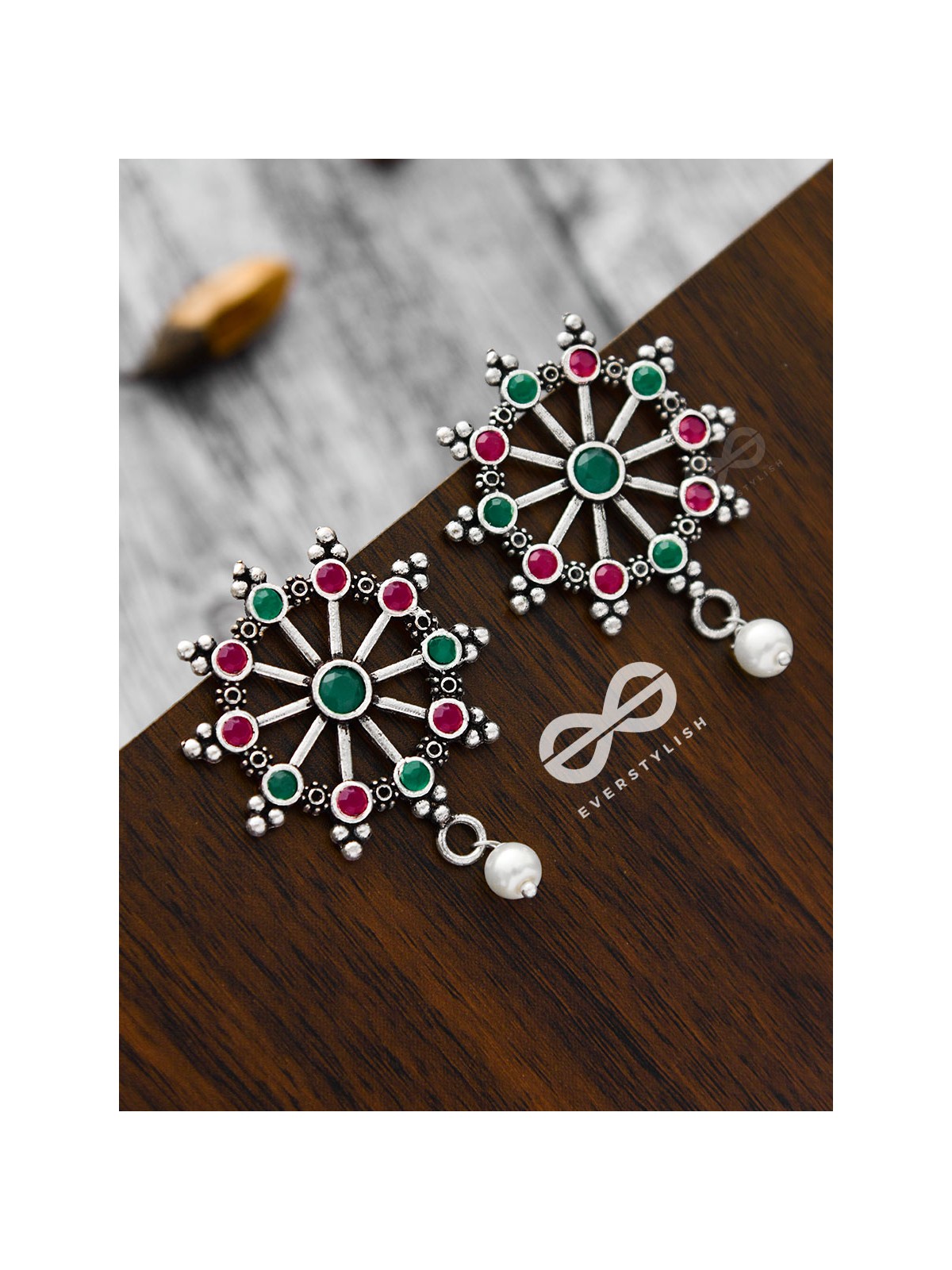 'Steering My Own Ship' - Embellished Oxidised Earrings (Ruby-Emerald)