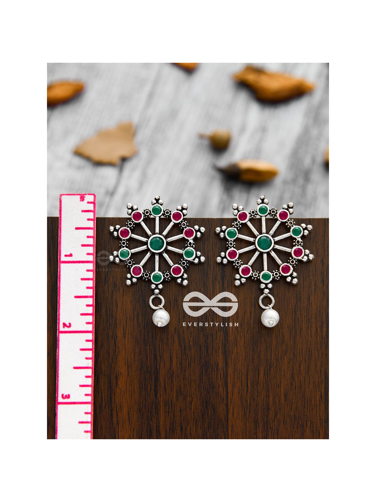 'Steering My Own Ship' - Embellished Oxidised Earrings (Ruby-Emerald)