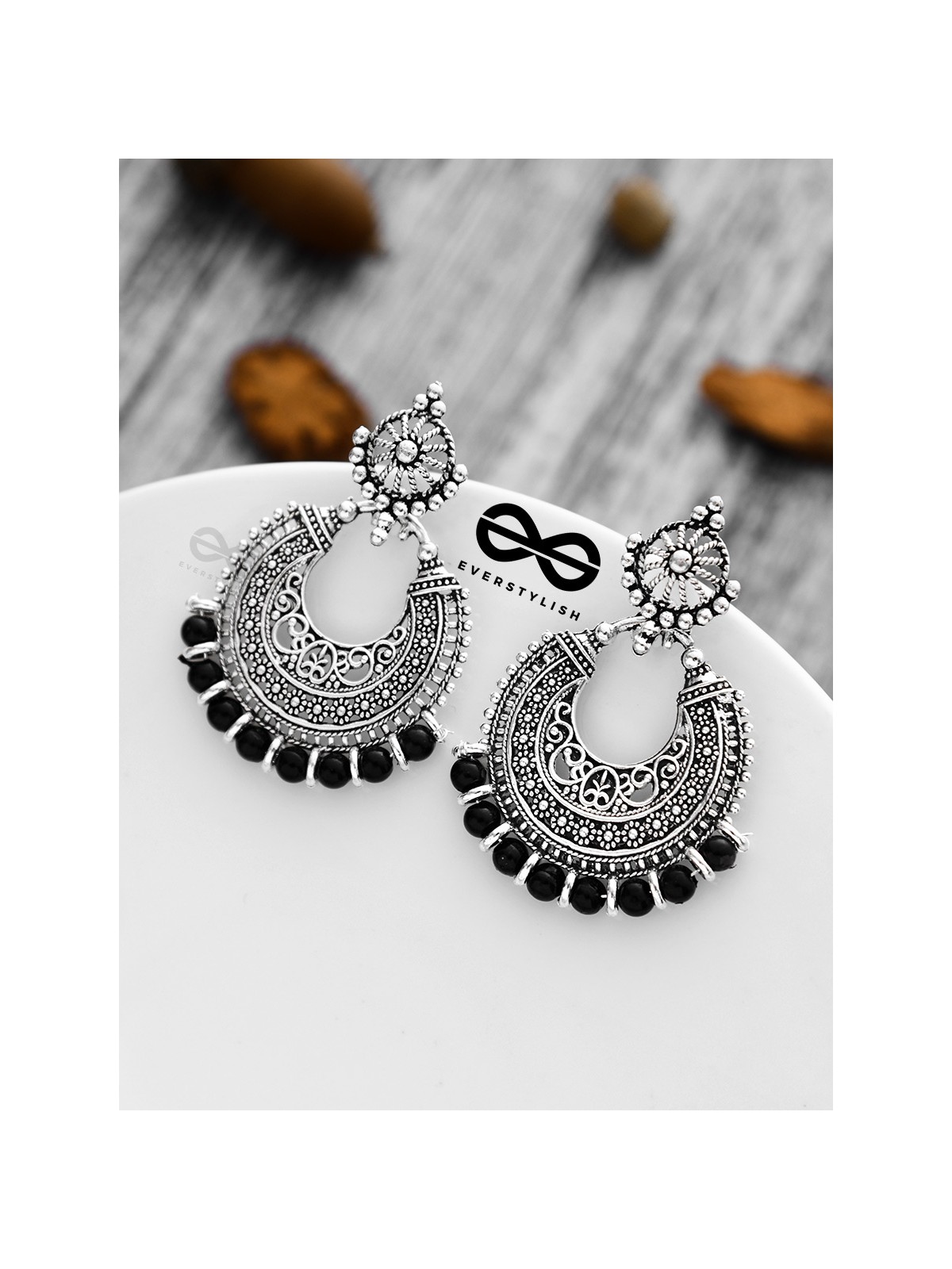 The Motif Moon Pearls (Silver-Black) - Oxidised Boho Earrings