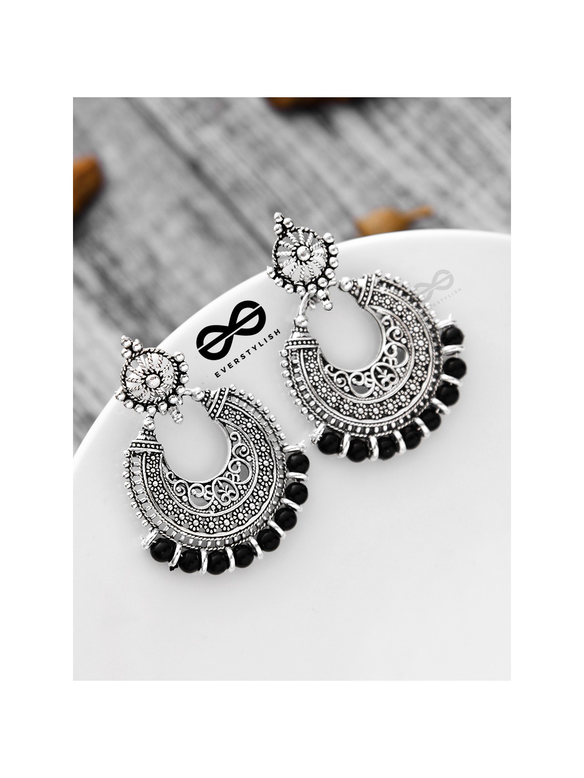 The Motif Moon Pearls (Silver-Black) - Oxidised Boho Earrings