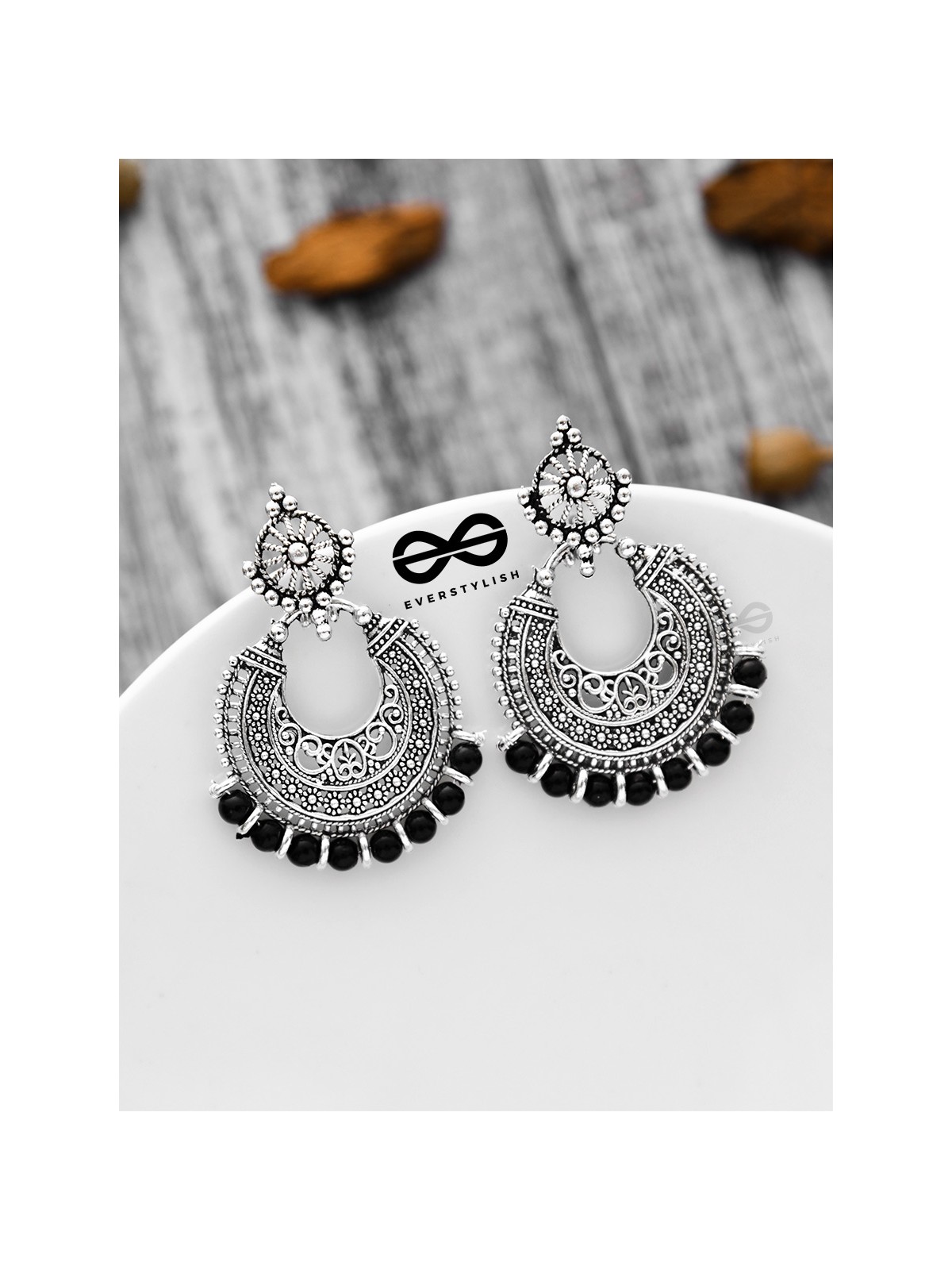 The Motif Moon Pearls (Silver-Black) - Oxidised Boho Earrings