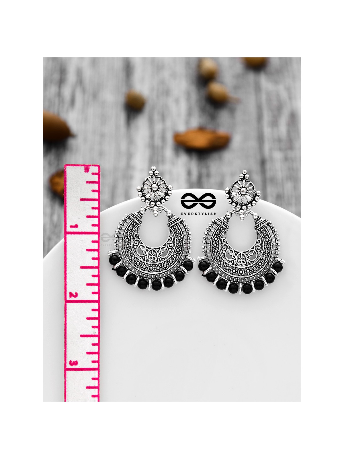 The Motif Moon Pearls (Silver-Black) - Oxidised Boho Earrings