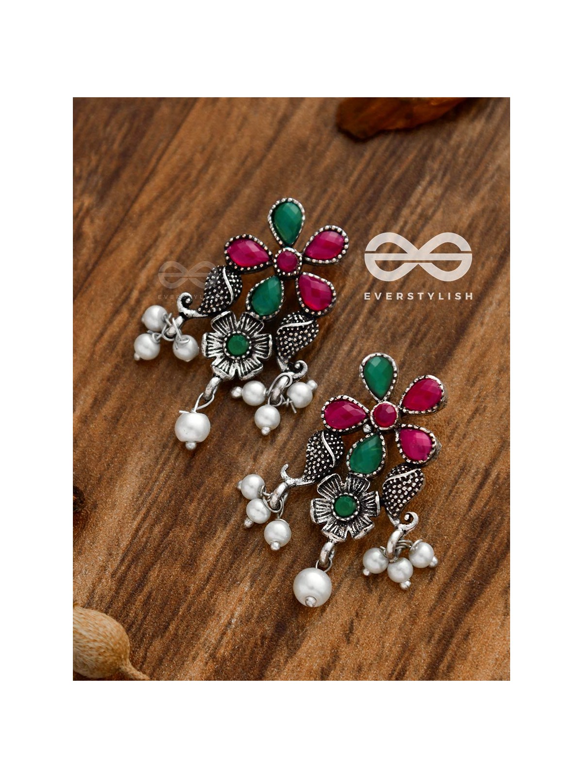 'A Floral Fantasy' - Embellished Oxidised Earrings (Ruby-Emerald)