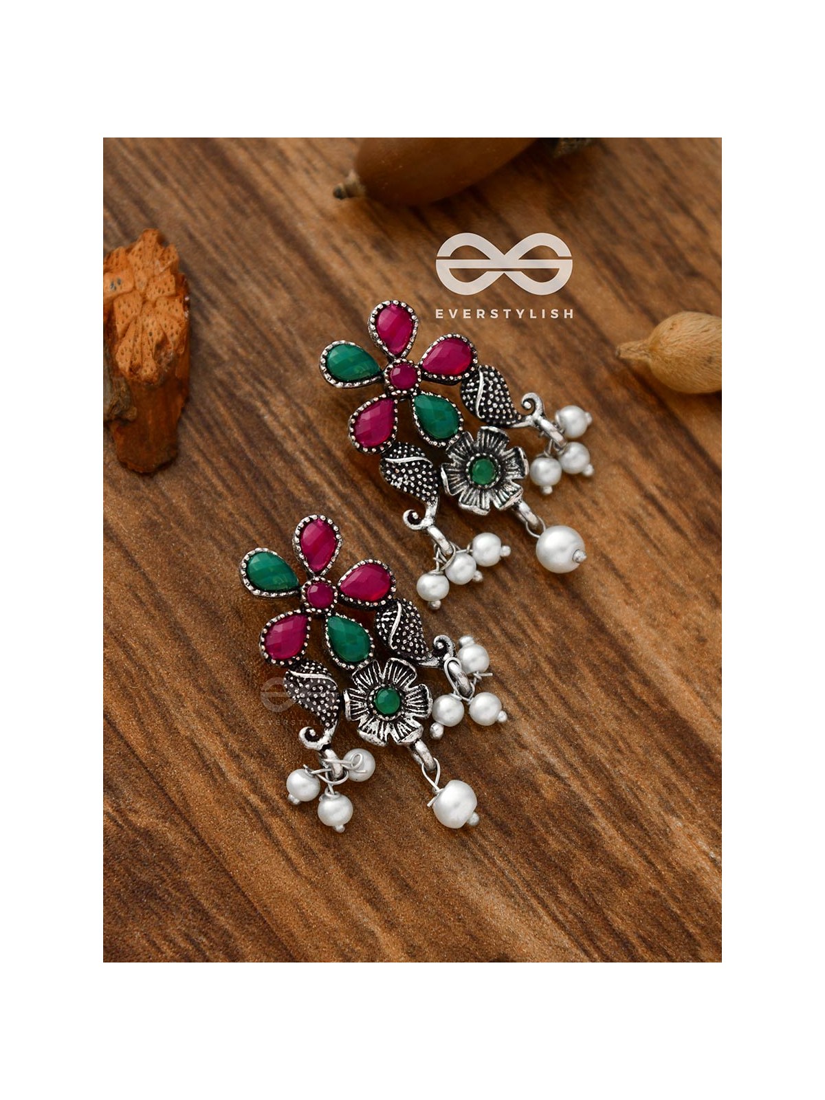 'A Floral Fantasy' - Embellished Oxidised Earrings (Ruby-Emerald)