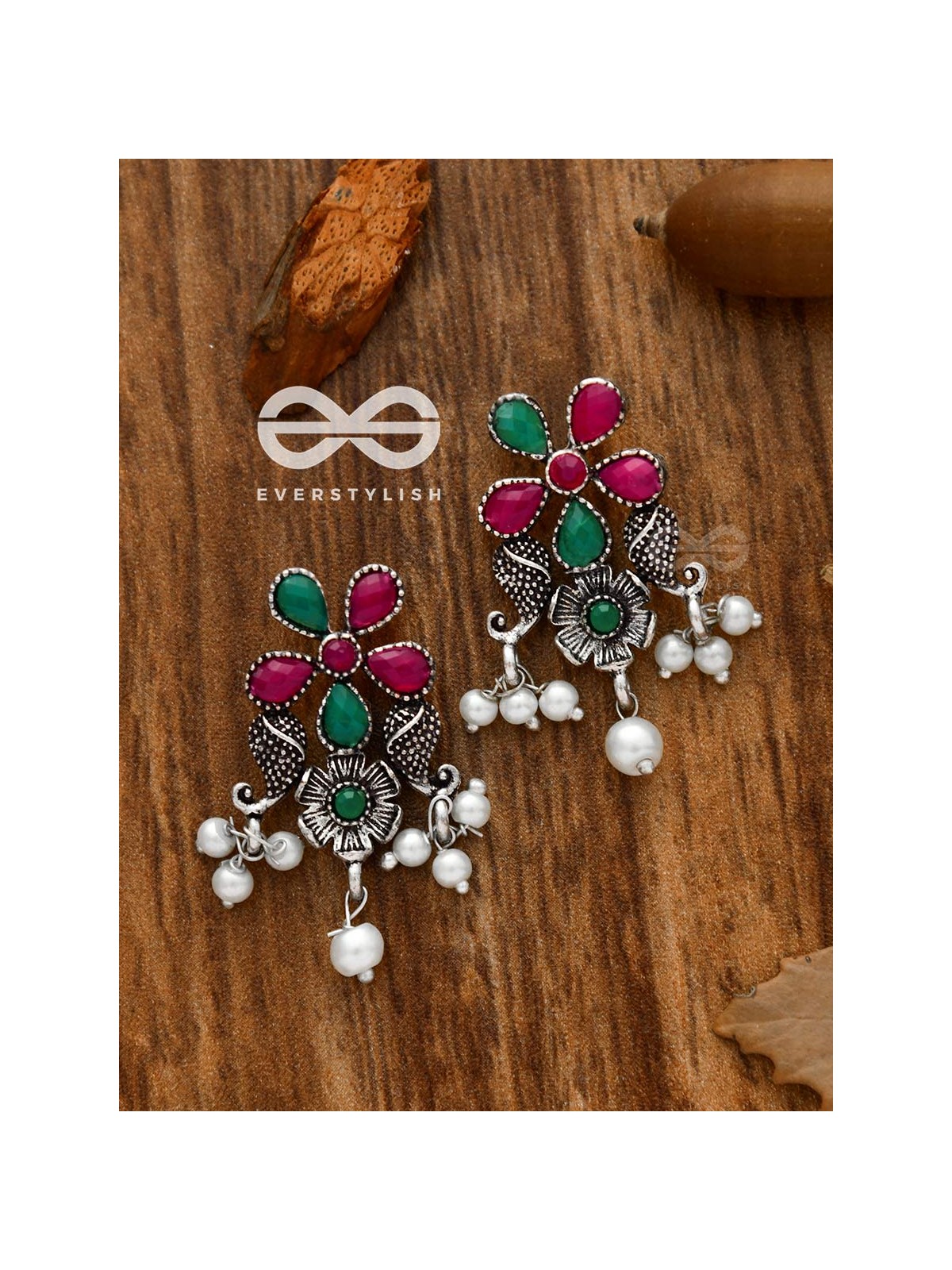 'A Floral Fantasy' - Embellished Oxidised Earrings (Ruby-Emerald)