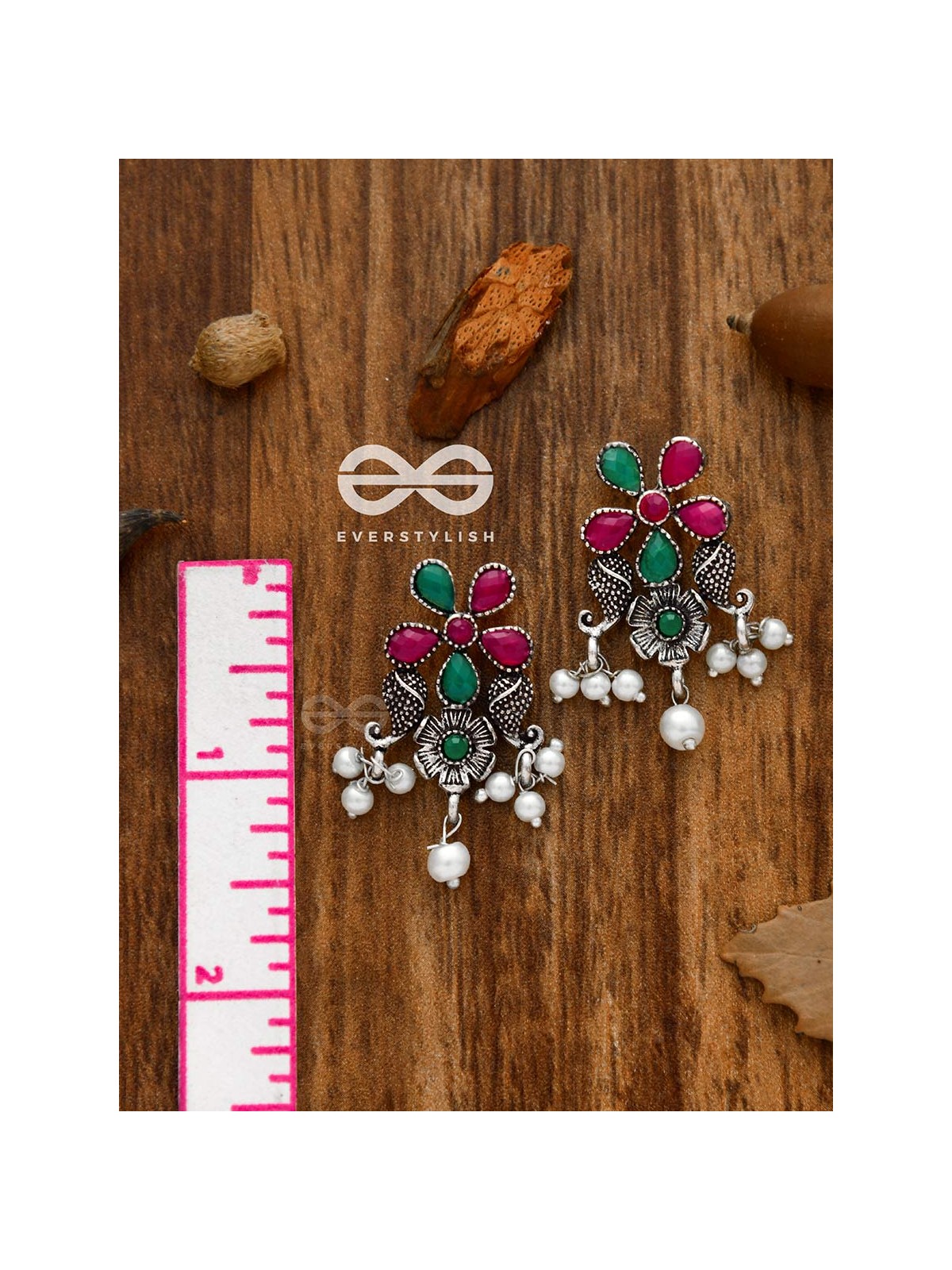 'A Floral Fantasy' - Embellished Oxidised Earrings (Ruby-Emerald)