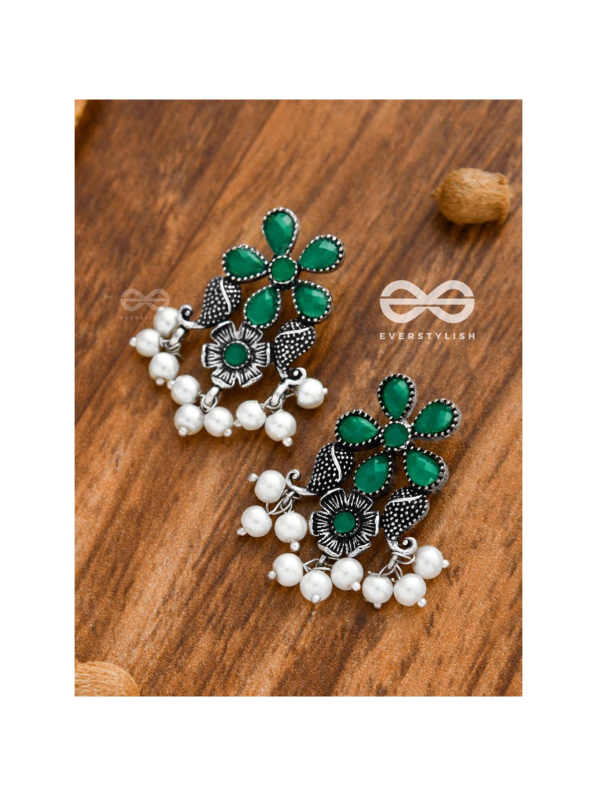 'A Floral Fantasy' - Embellished Oxidised Earrings (Emerald Green)