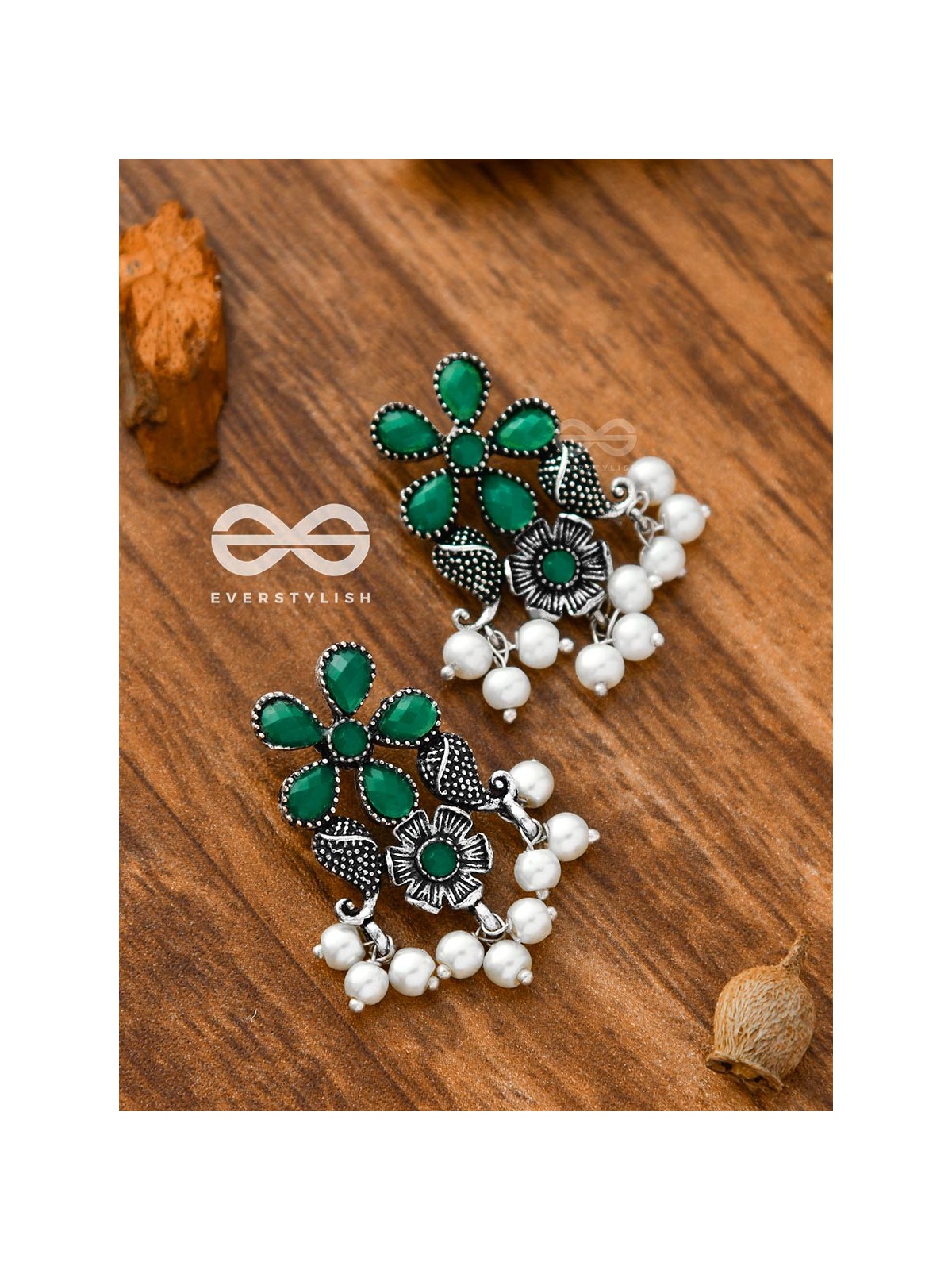 'A Floral Fantasy' - Embellished Oxidised Earrings (Emerald Green)