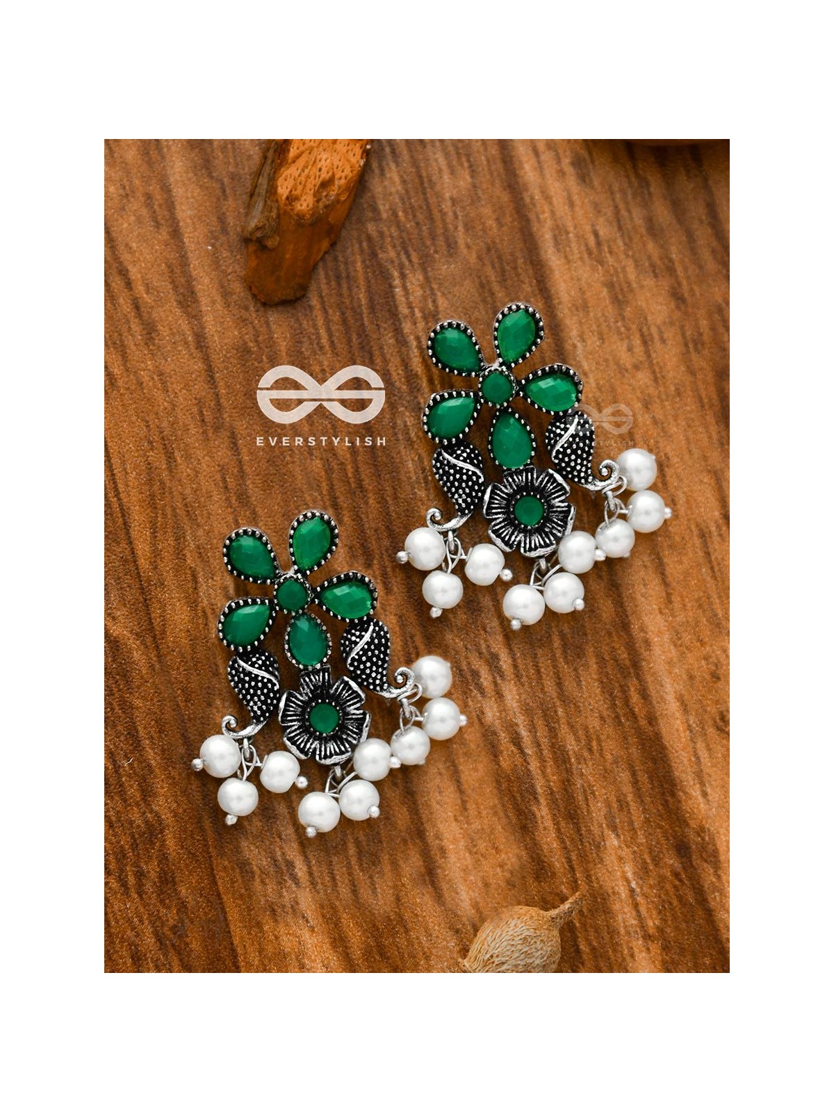 'A Floral Fantasy' - Embellished Oxidised Earrings (Emerald Green)