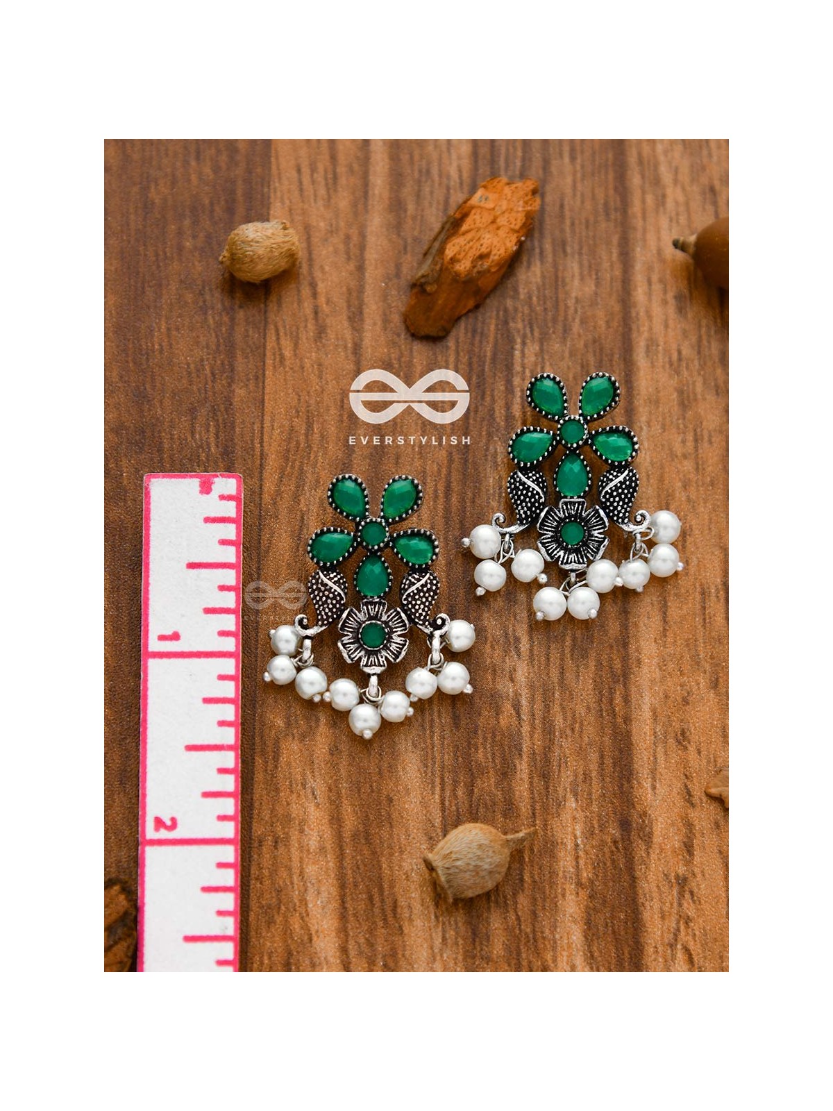 'A Floral Fantasy' - Embellished Oxidised Earrings (Emerald Green)