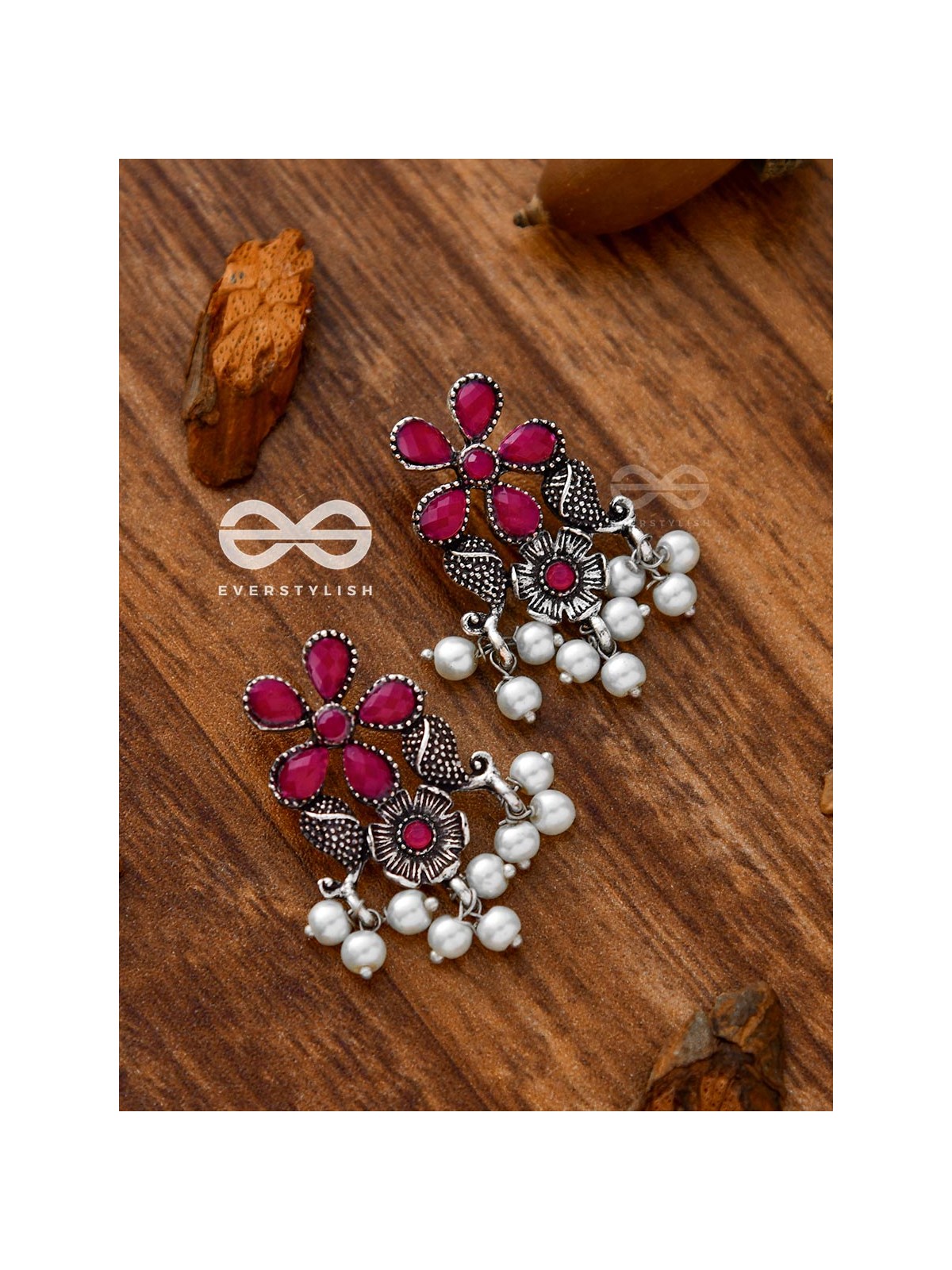 'A Floral Fantasy' - Embellished Oxidised Earrings (Ruby Red)
