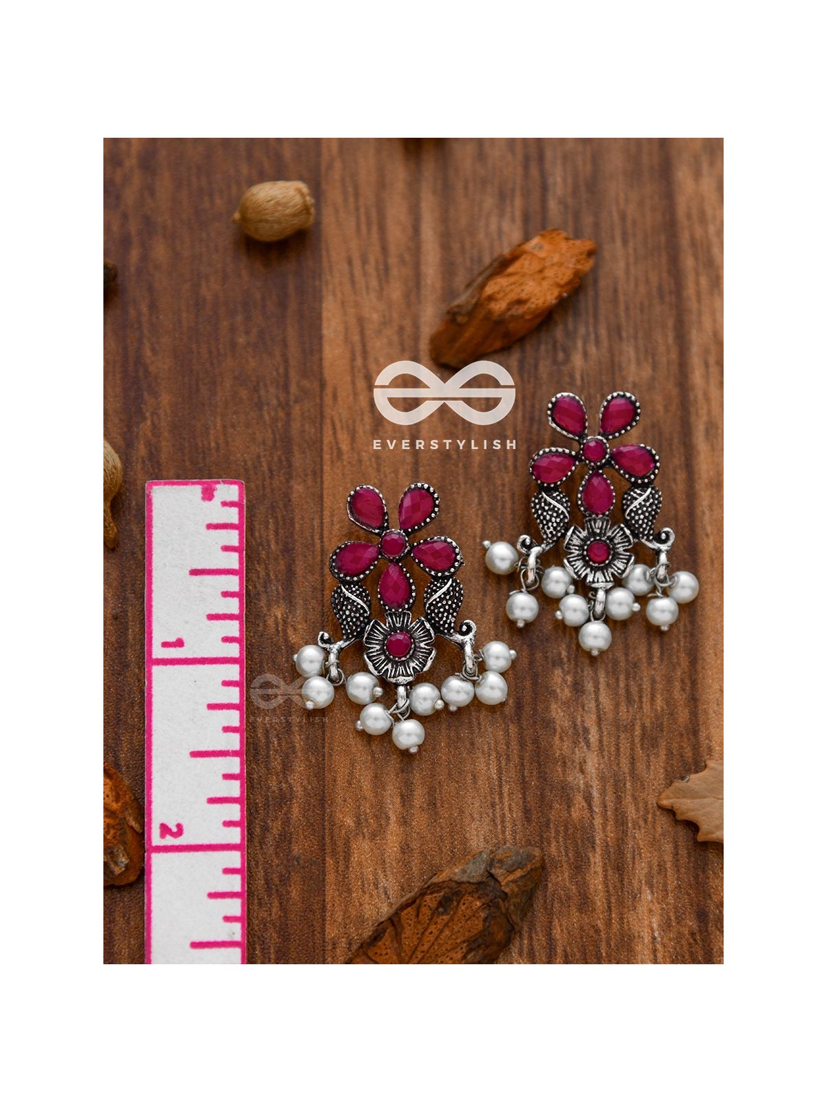'A Floral Fantasy' - Embellished Oxidised Earrings (Ruby Red)