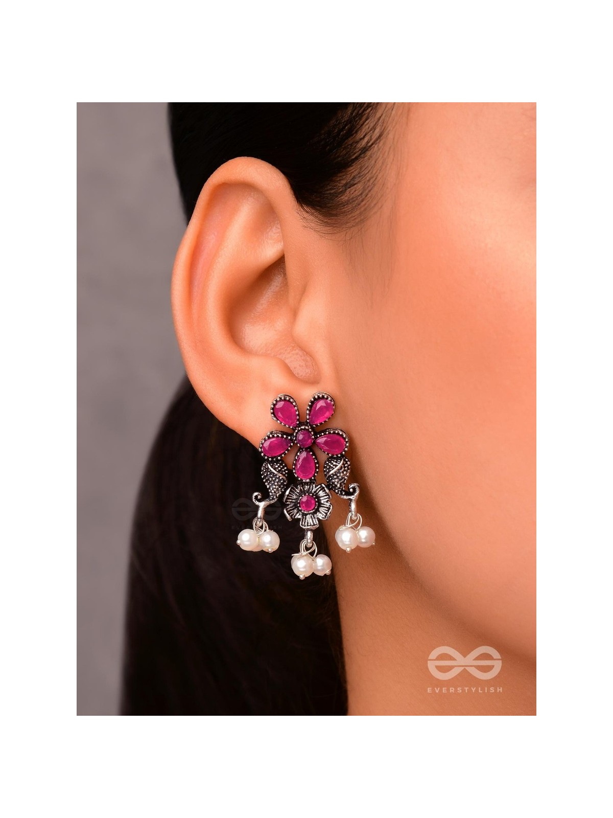 'A Floral Fantasy' - Embellished Oxidised Earrings (Ruby Red)