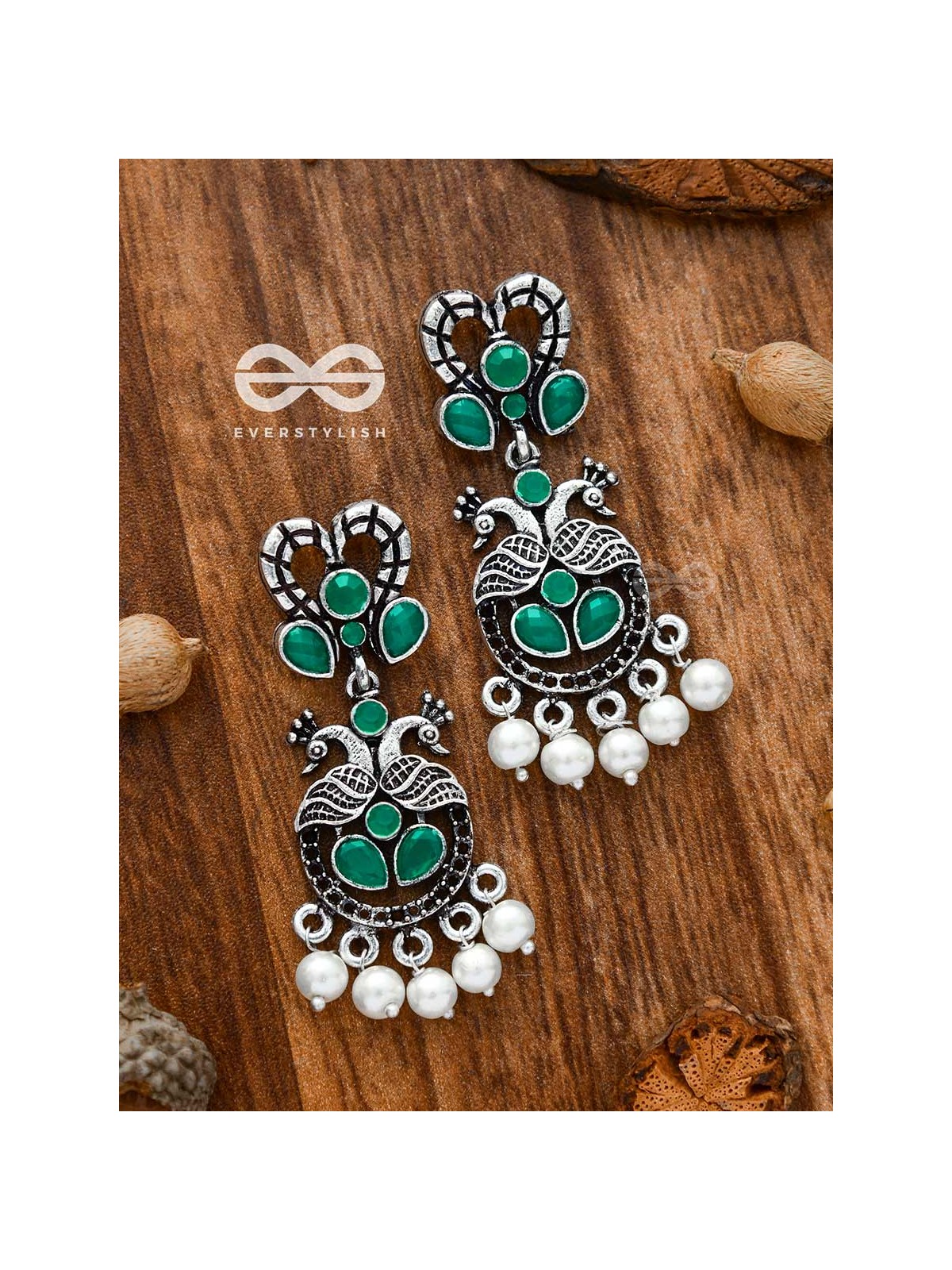 The Enigmatic Peacock Artwork Earrings (Emerald Green) - Embellished Oxidised Collection