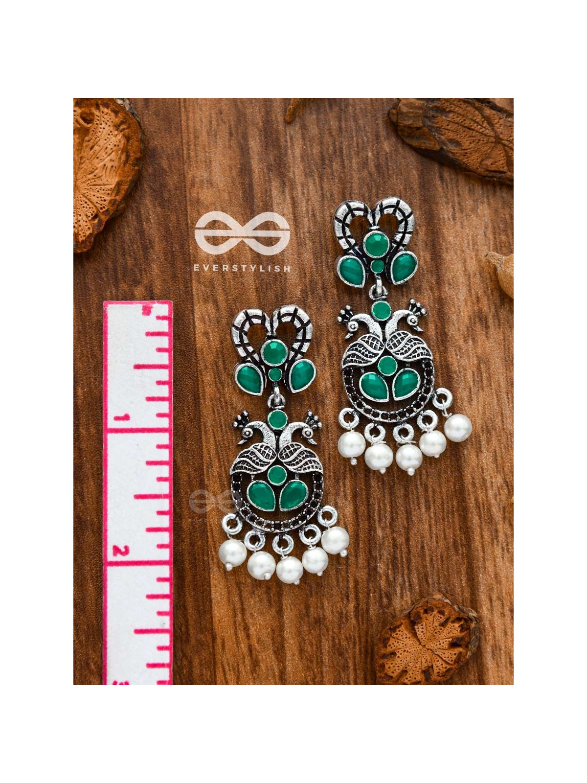 The Enigmatic Peacock Artwork Earrings (Emerald Green) - Embellished Oxidised Collection