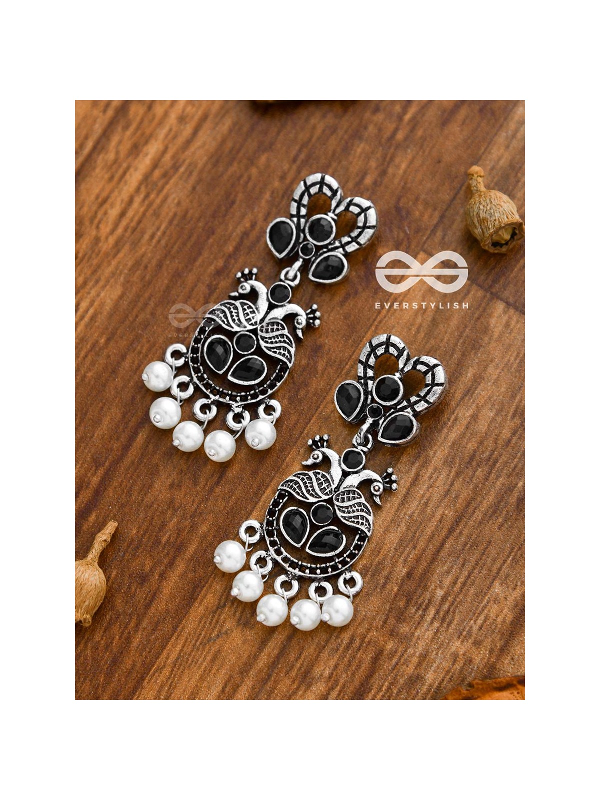 The Enigmatic Peacock Artwork Earrings (Onyx Black) - Embellished Oxidised Collection