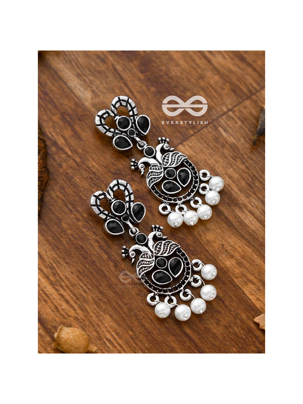 The Enigmatic Peacock Artwork Earrings (Onyx Black) - Embellished Oxidised Collection
