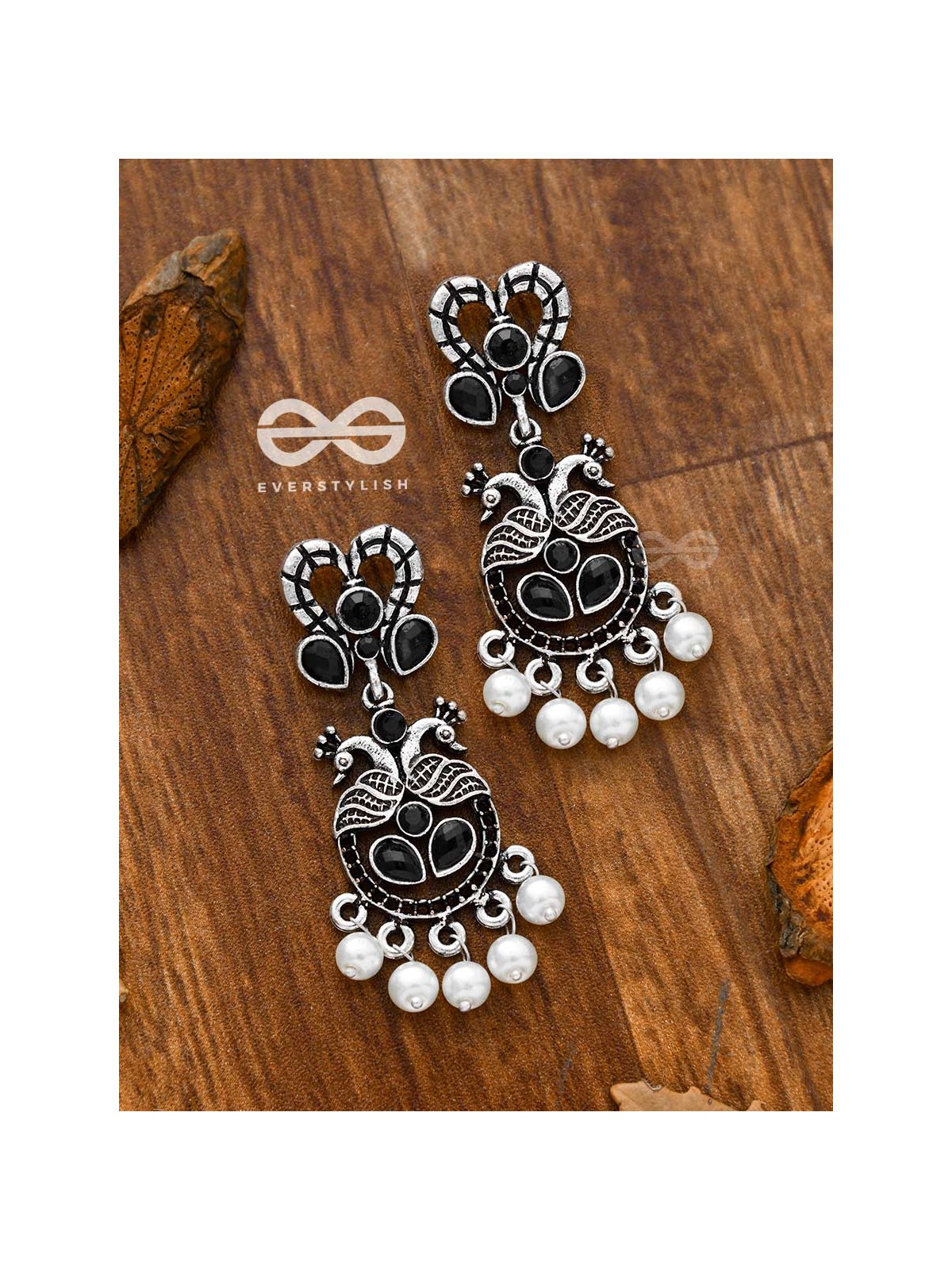 The Enigmatic Peacock Artwork Earrings (Onyx Black) - Embellished Oxidised Collection