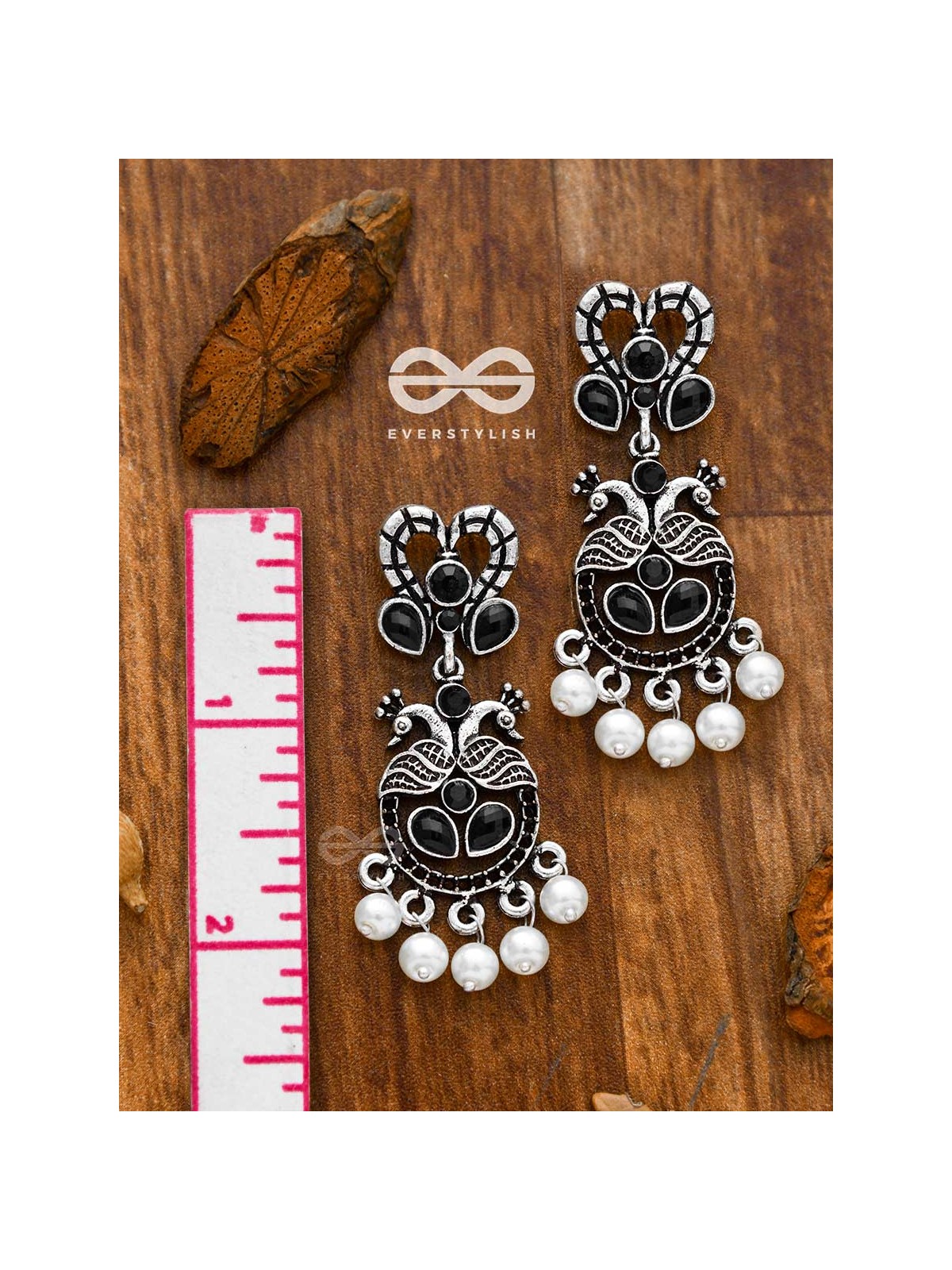 The Enigmatic Peacock Artwork Earrings (Onyx Black) - Embellished Oxidised Collection