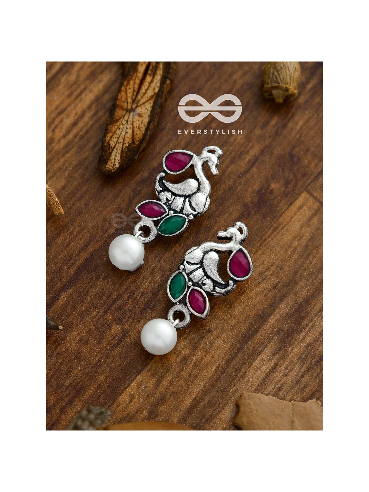 The Elegant Pearl Peacocks (Ruby-Emerald) - Embellished Oxidised Collection