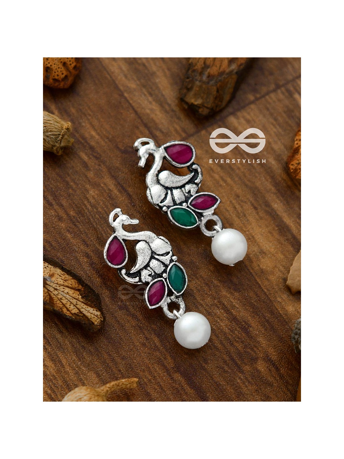 The Elegant Pearl Peacocks (Ruby-Emerald) - Embellished Oxidised Collection